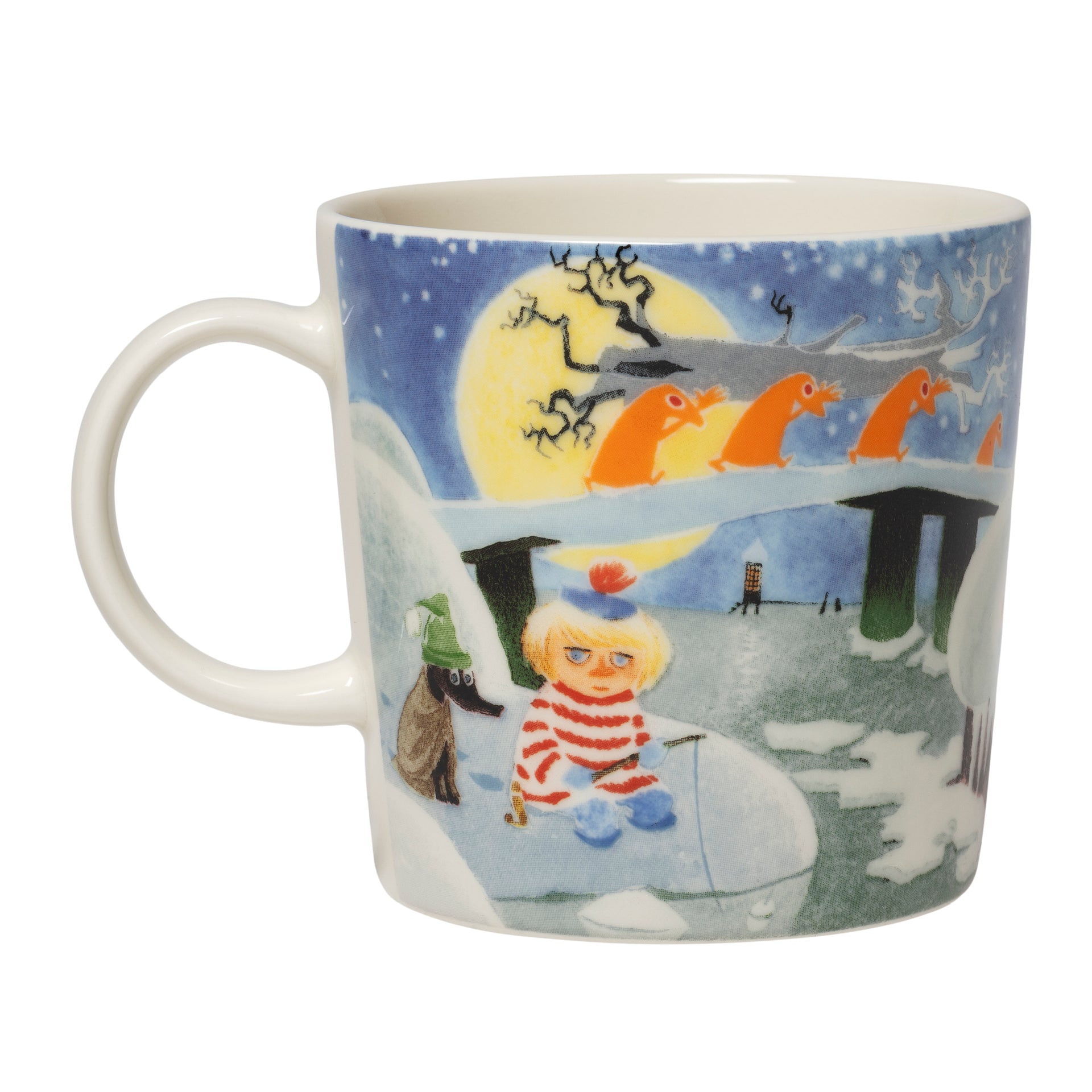 Moomin mug 0,3L Winternight glow - A white ceramic mug featuring a colorful winter illustration with Too-ticky.