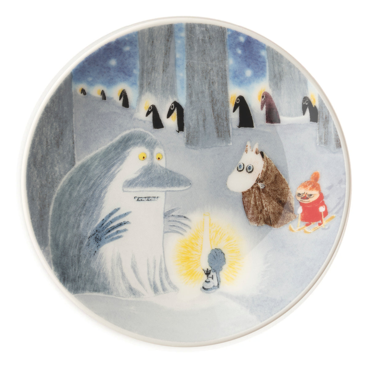 Moomin mini plate 10,5cm Winternight glow 2pc - A round mini plate featuring a winter forest illustration with the Groke, Moomintroll and Little My near a glowing campfire, shown on a white background.