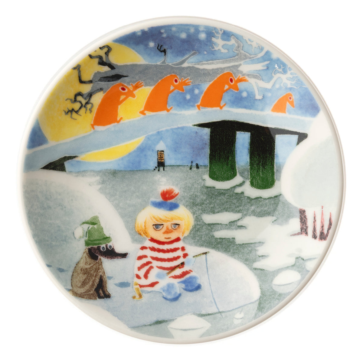 Moomin mini plate 10,5cm Winternight glow 2pc - A round ceramic mini plate featuring a whimsical winter illustration. The scene shows Too-ticky in a white & red striped sweater fishing with a dog beside him.