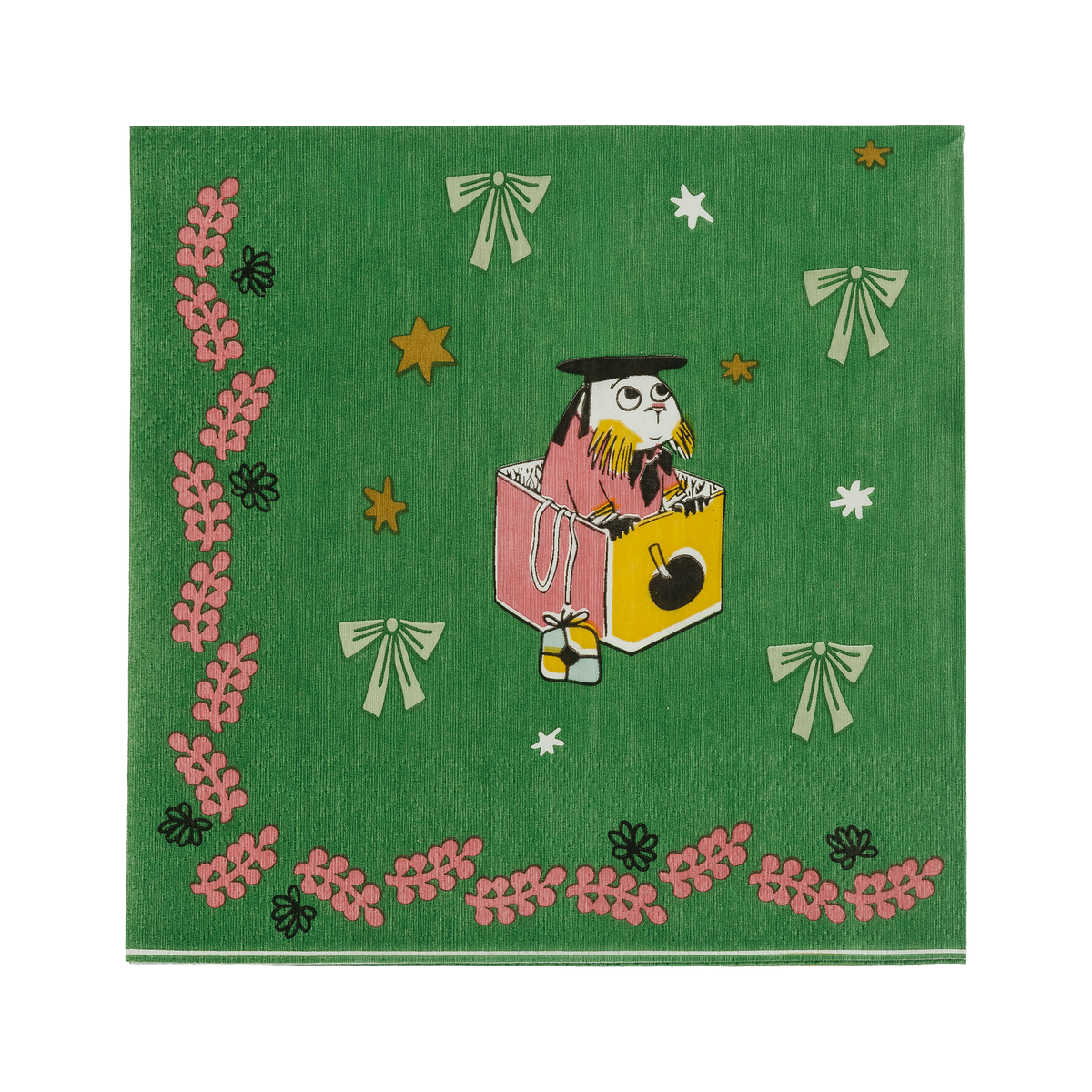A square green paper napkin featuring a Gift of Love illutration.