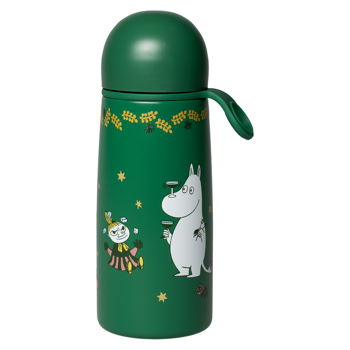 A green thermos bottle with a matching green lid and carry loop, decorated with Moomintroll and Little My, on a plain white background.