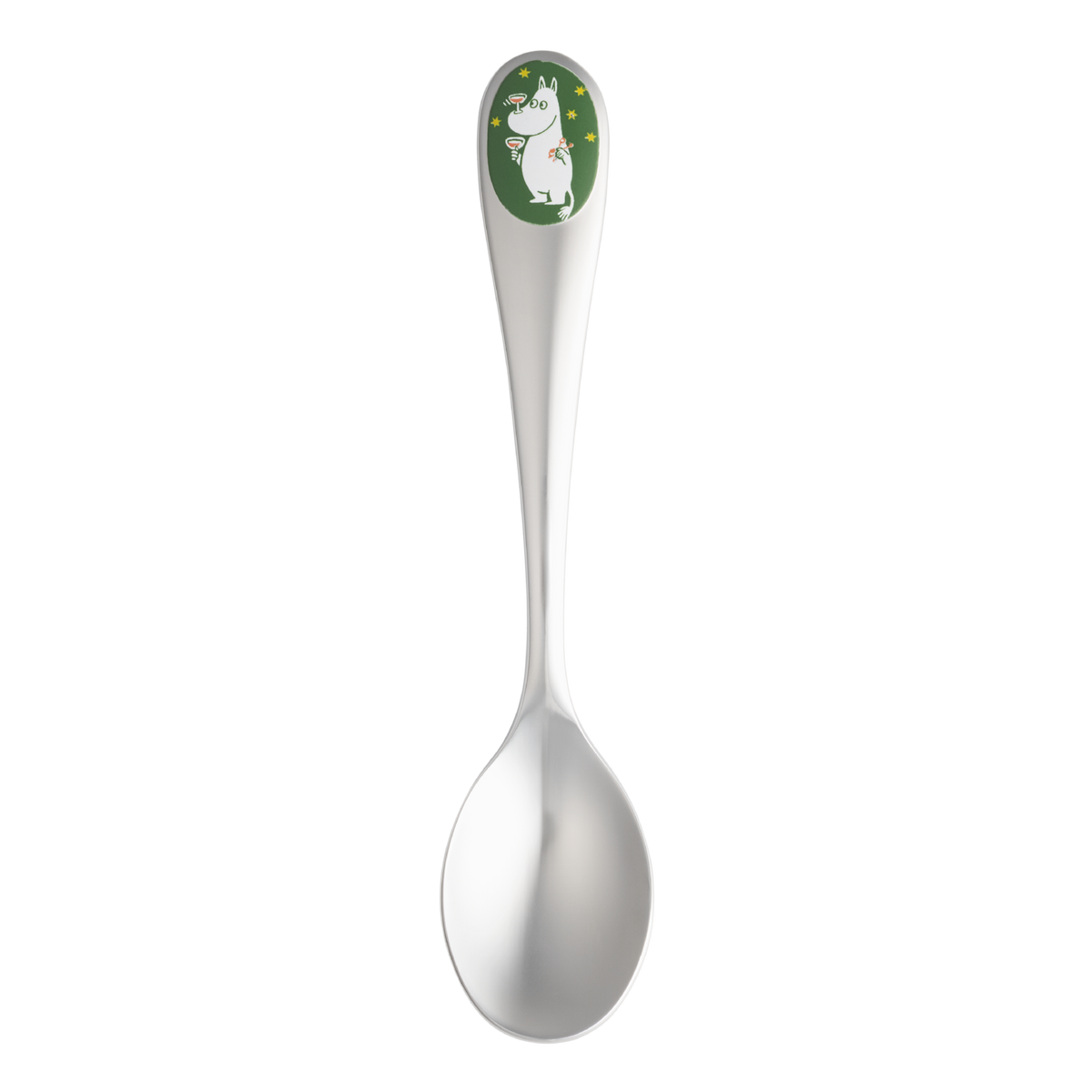 A silver metal spoon with a decorative handle featuring a green oval illustration of Moomintroll and small yellow stars, shown on a plain white background.
