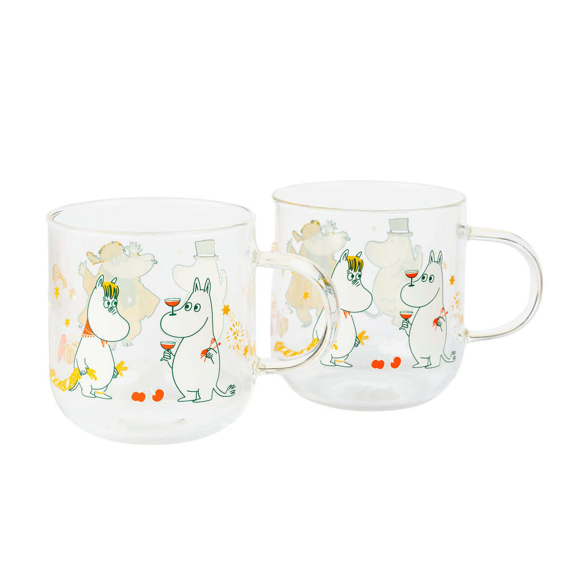 Two clear glass mugs with printed Moomin characters and small floral details, shown on a clean white background.