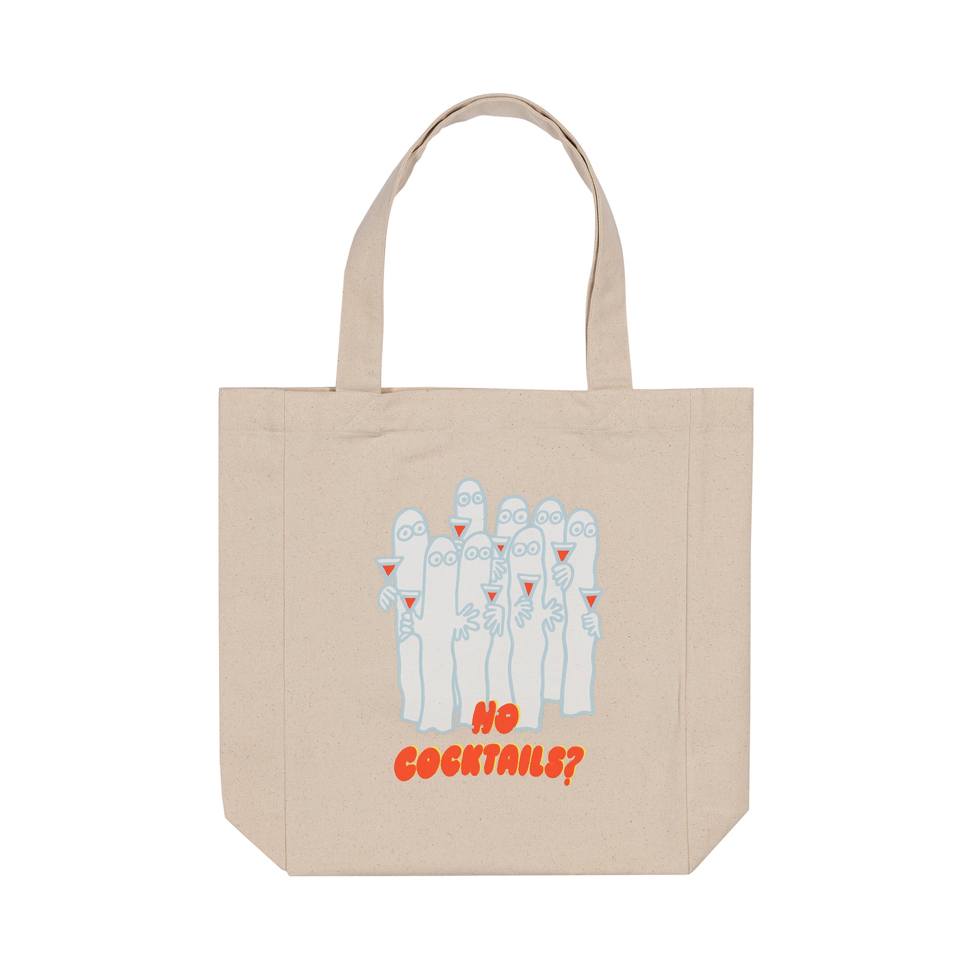 Beige tote bag with Party Queue graphic design