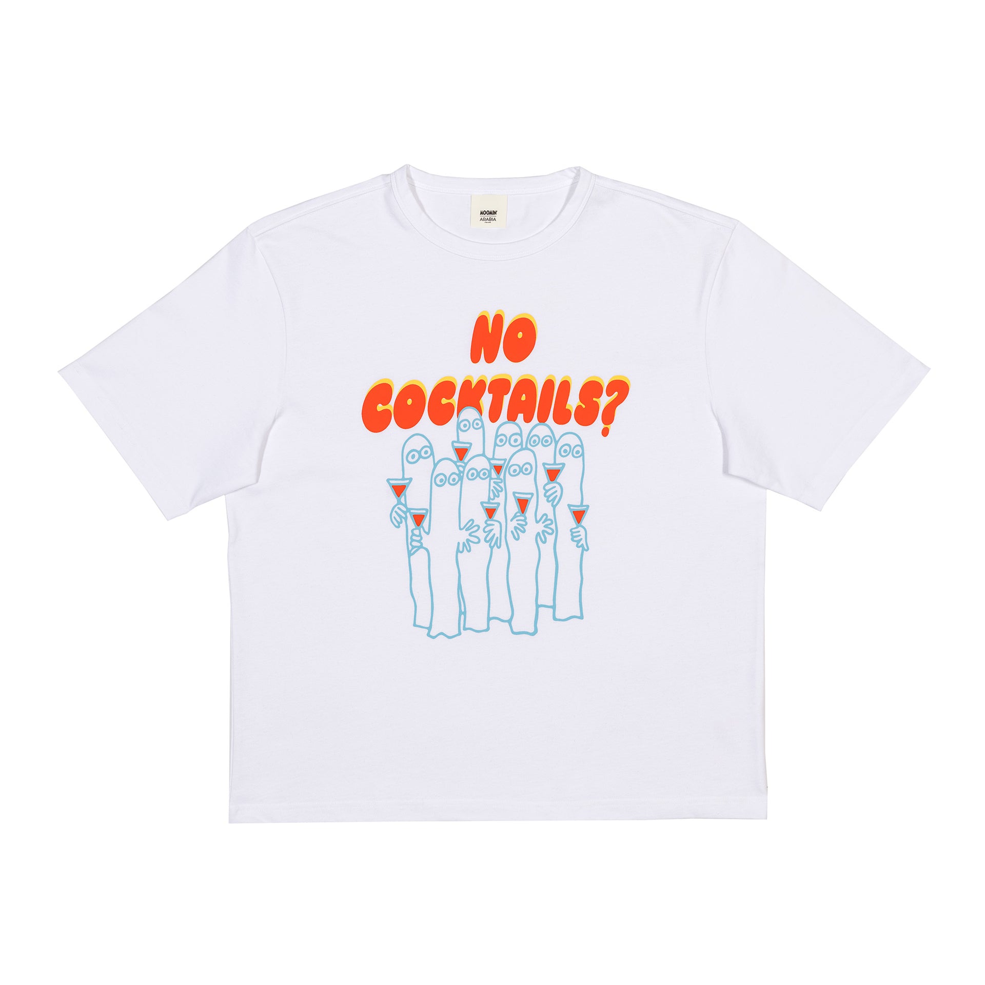 White t-shirt with Party Queue graphic design on a white background
