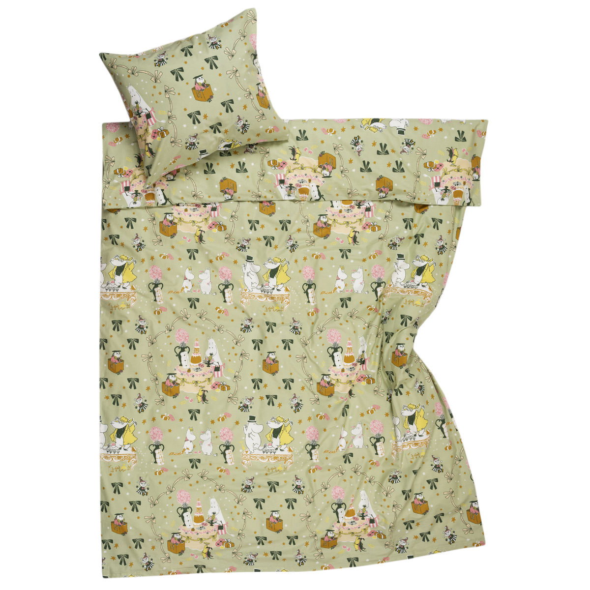 A bedding set featuring a light sage green quilt and matching pillowcase with Gift of Love illustration, displayed on a solid white background.