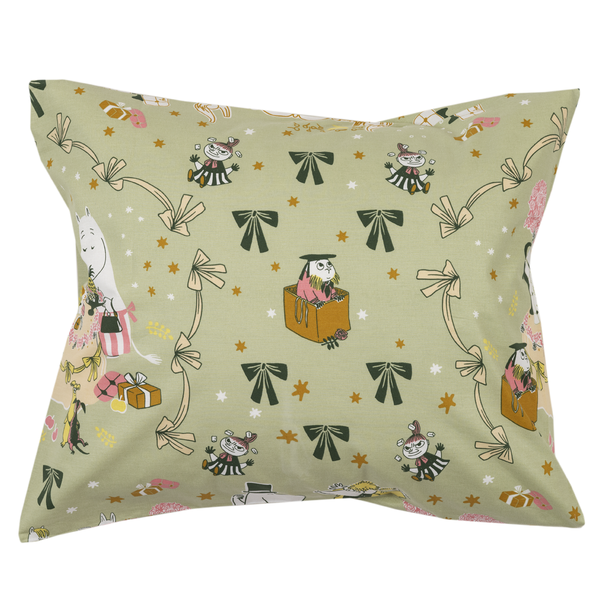 A pillow featuring a Gift of Love print on a light sage green background. The pattern includes Moomin characters in boxes, bows, stars, and gift boxes in muted earth tones.