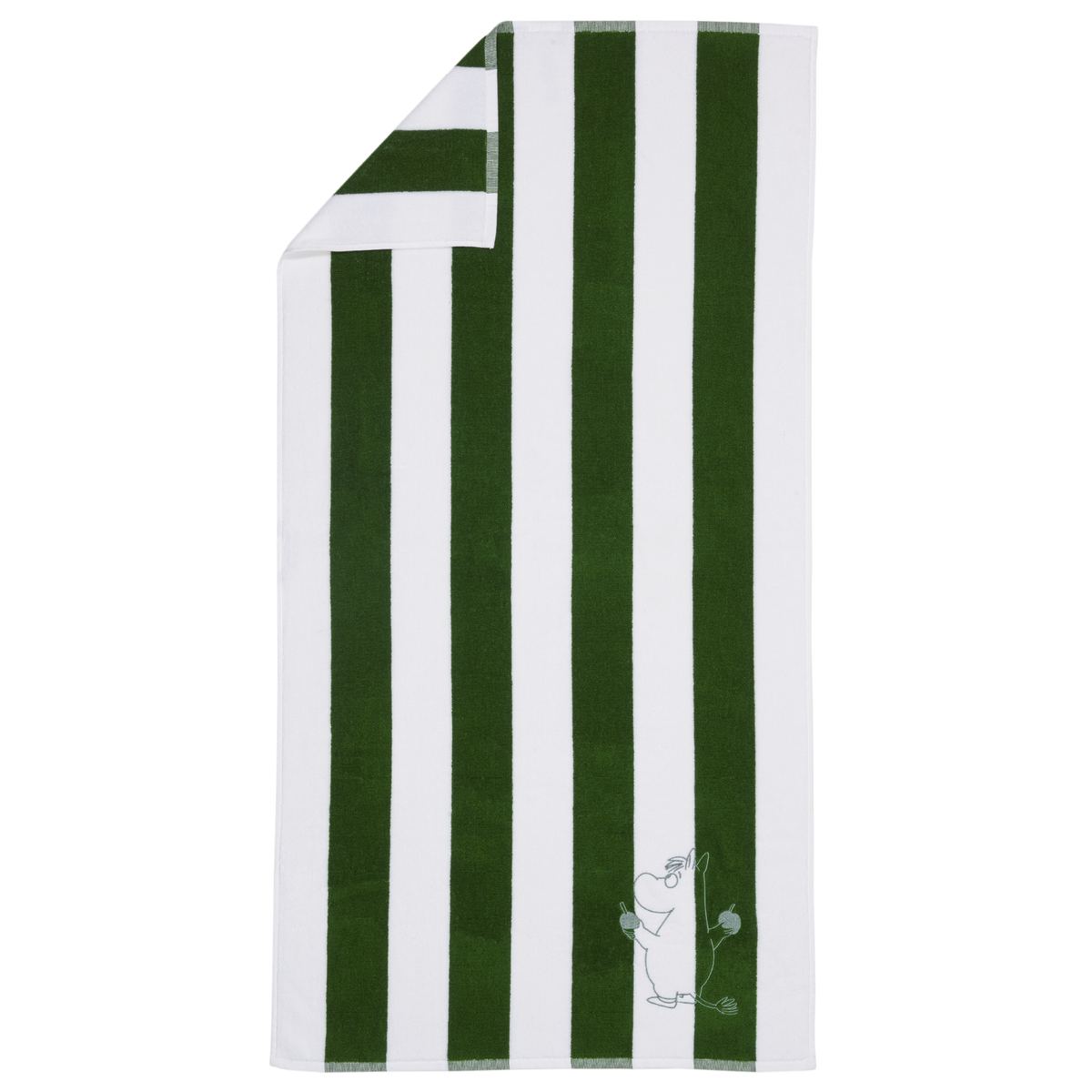 A white towel with bold vertical dark green stripes and a small embroidered Moomintroll near the bottom right corner.