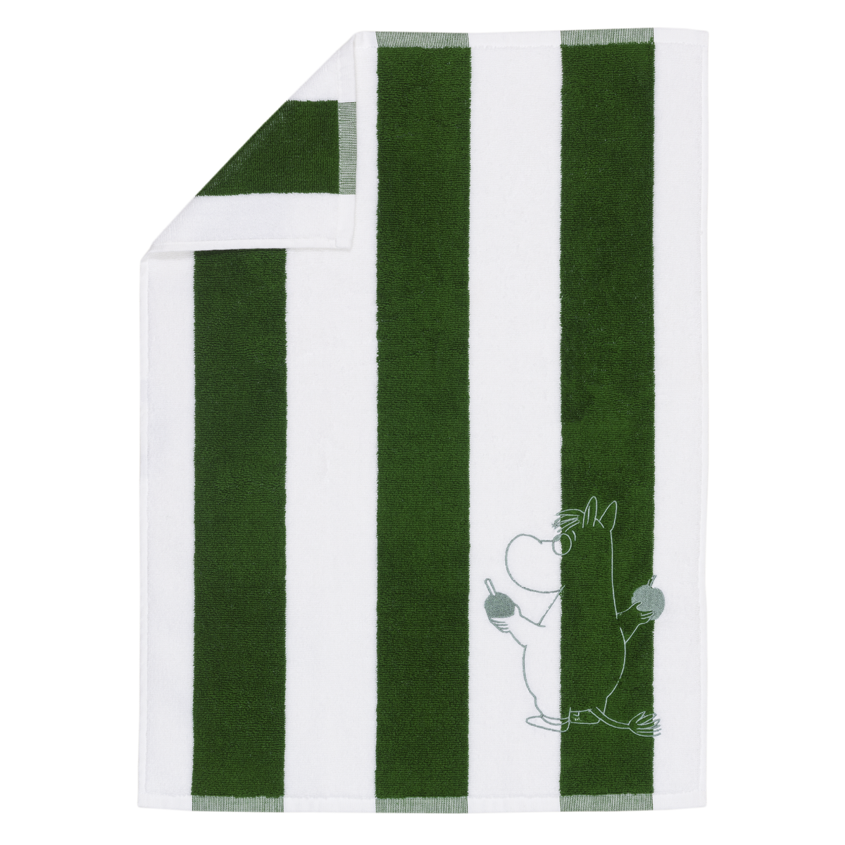 A white towel with bold vertical dark green stripes and a small embroidered Moomintroll near the lower right, shown on a plain white background.