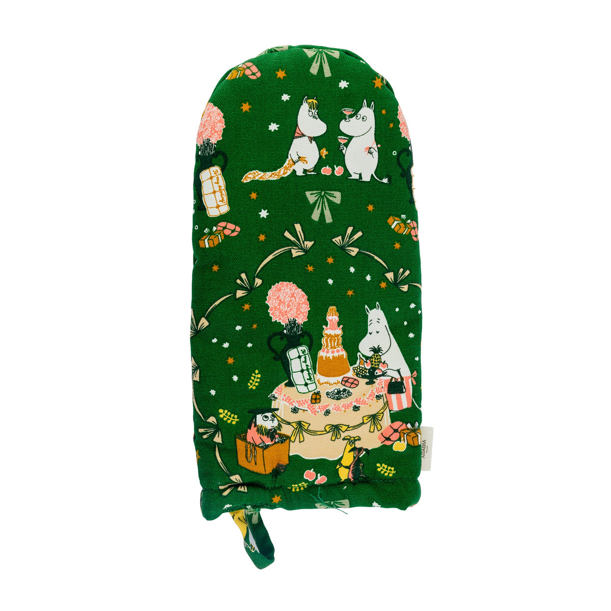 A green oven mitten with a Gift of Love illustration, shown on a plain white background.