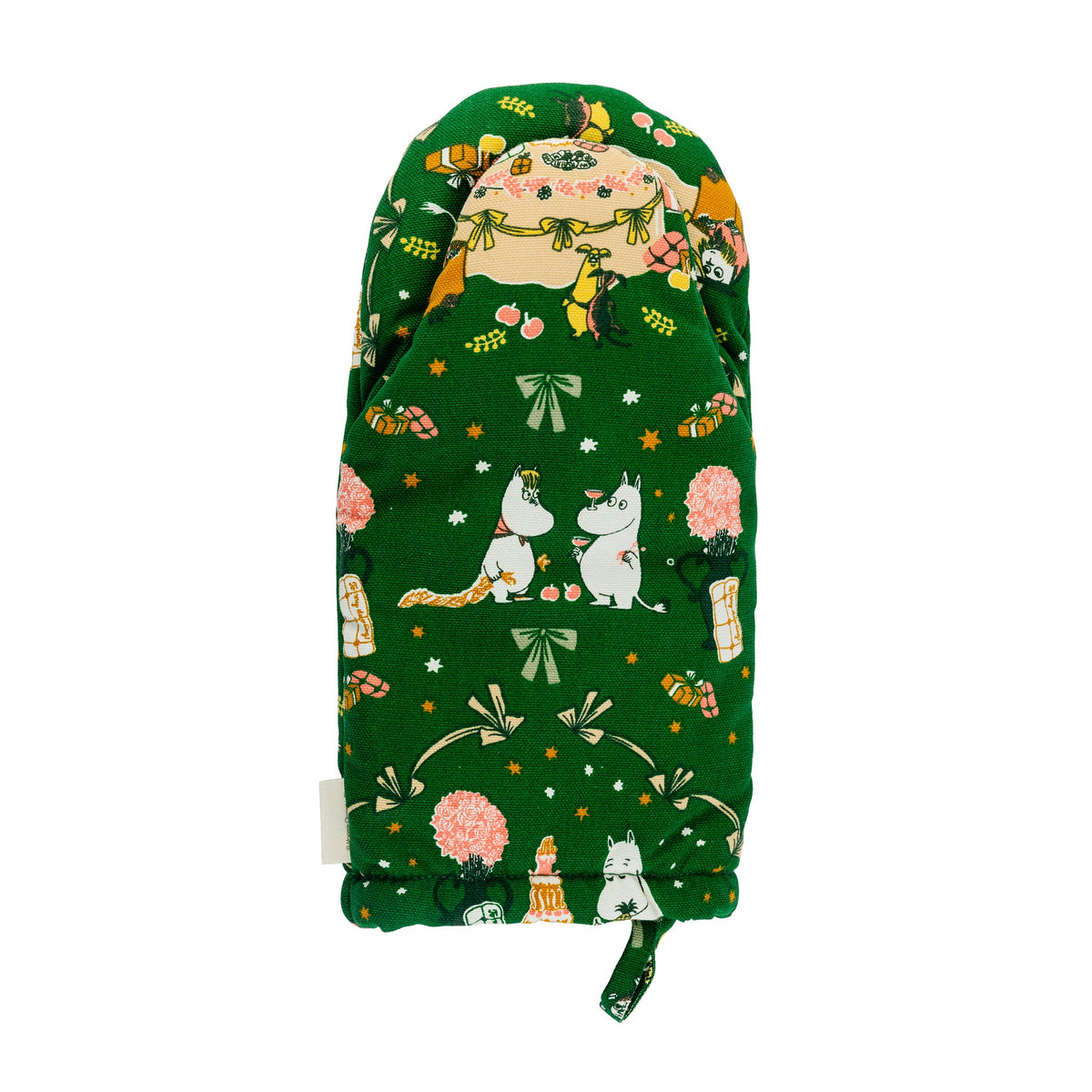 Mummi grytevott 15x34cm Kjærlighetsgave - A green oven mitten with a Gift of Love illustration, shown on a plain white background.