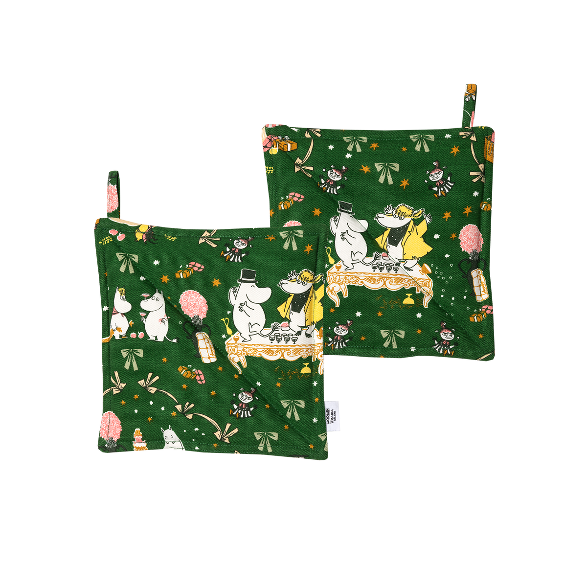 Green pot holder set with Gift of Love illustration.