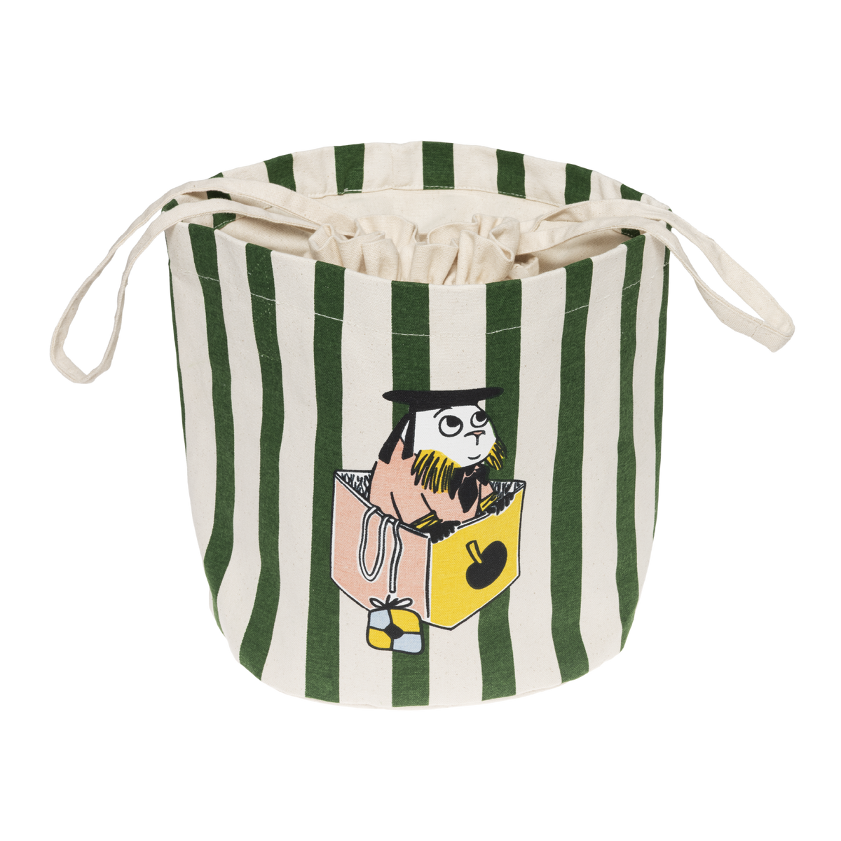 A drawstring storage basket with a green and cream vertical stripe pattern.
