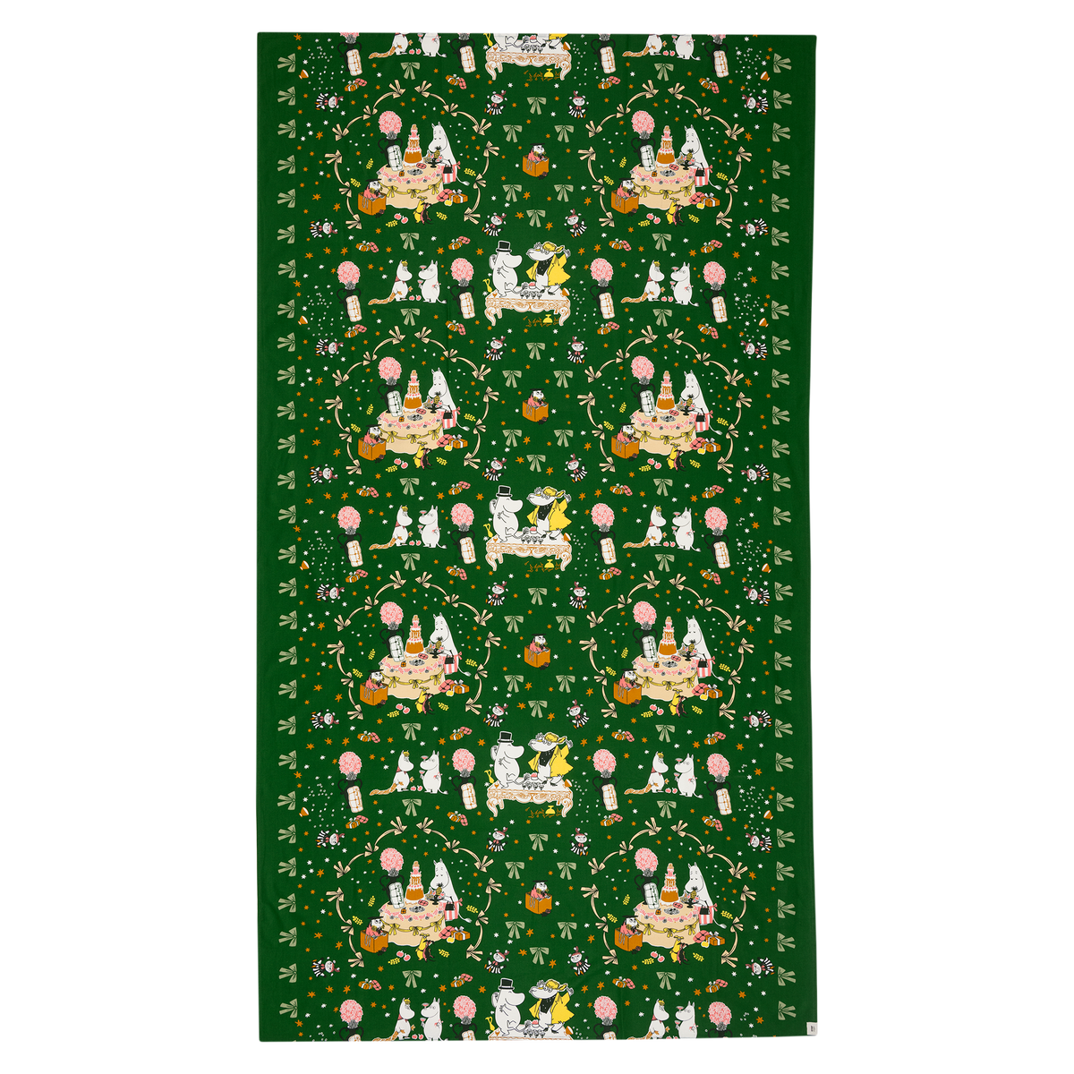A rectangular green fabric tablecloth, featuring a repeating Gift Of Love illustrations on a dark green background.