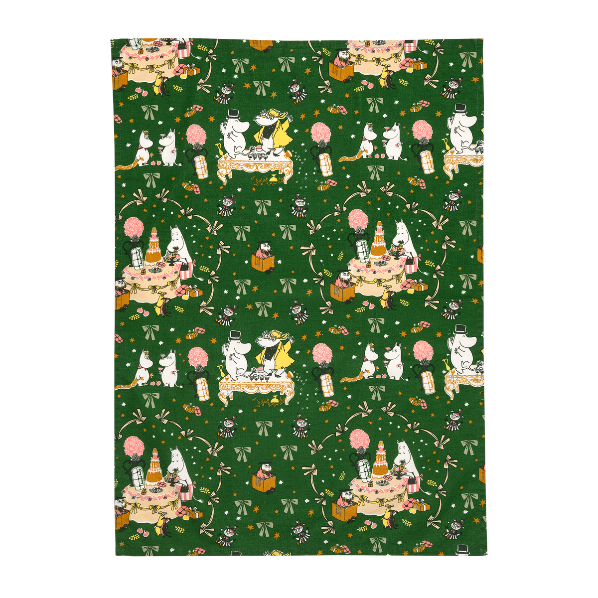 A dark green kitchen towel with the Guft of Love illustration.