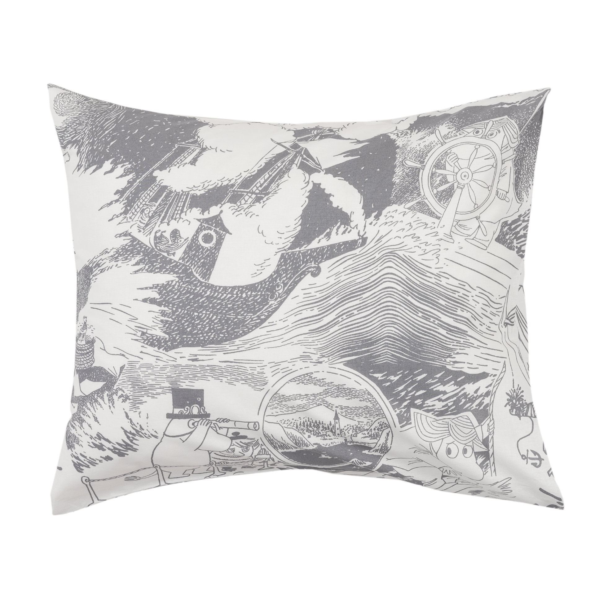A grey pillowcase with illustrations of Moominpappa at sea, shown on a plain white background.