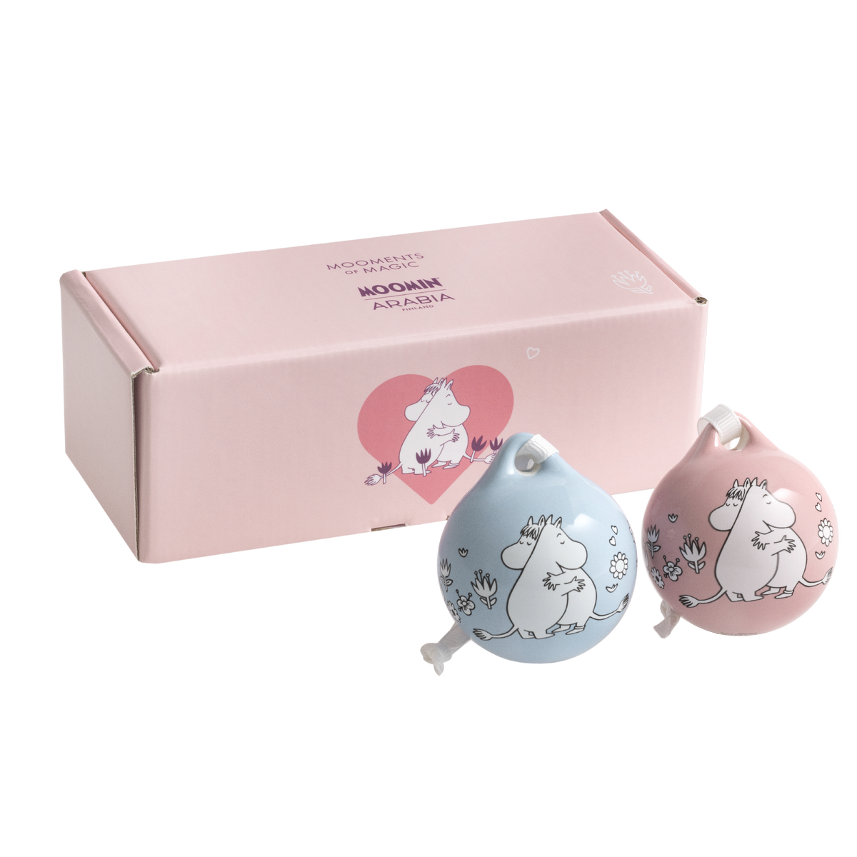 A set of blue and pink Love ceramic baubles.