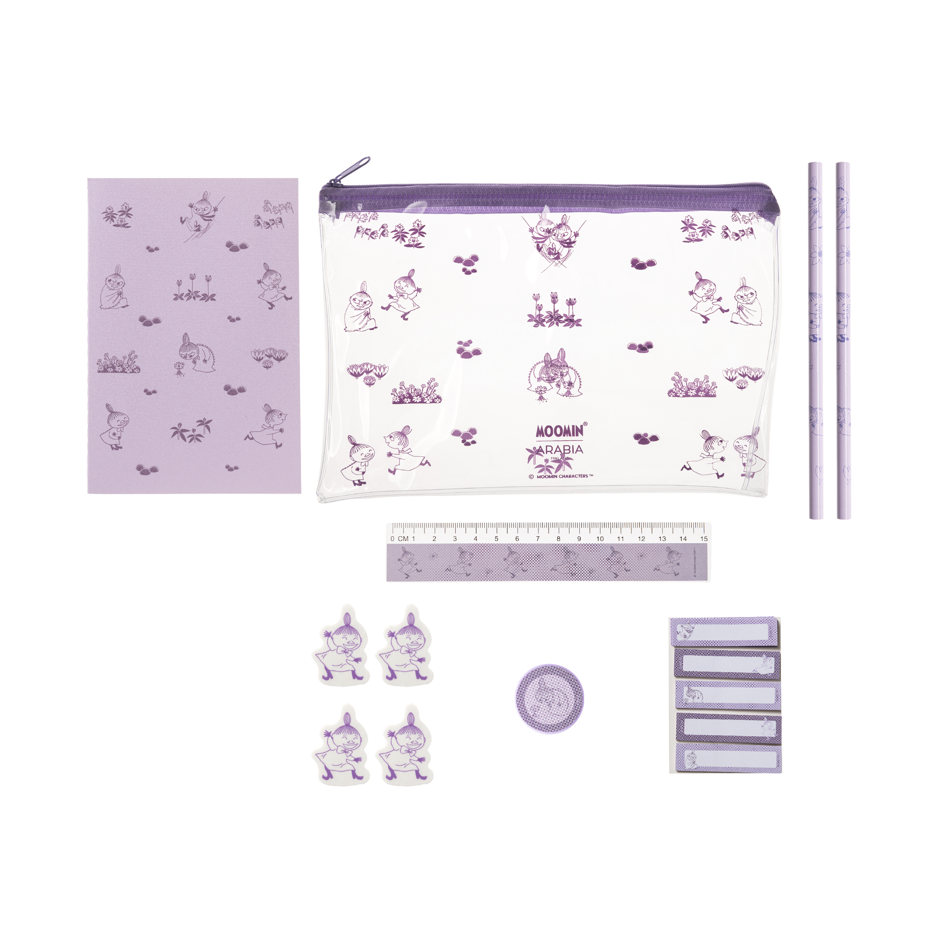 A purple and white school stationery set featuring a zippered pouch, notebook, pencils, ruler, stickers, and labels with a repeating Little My illustration, displayed on a clean white background.
