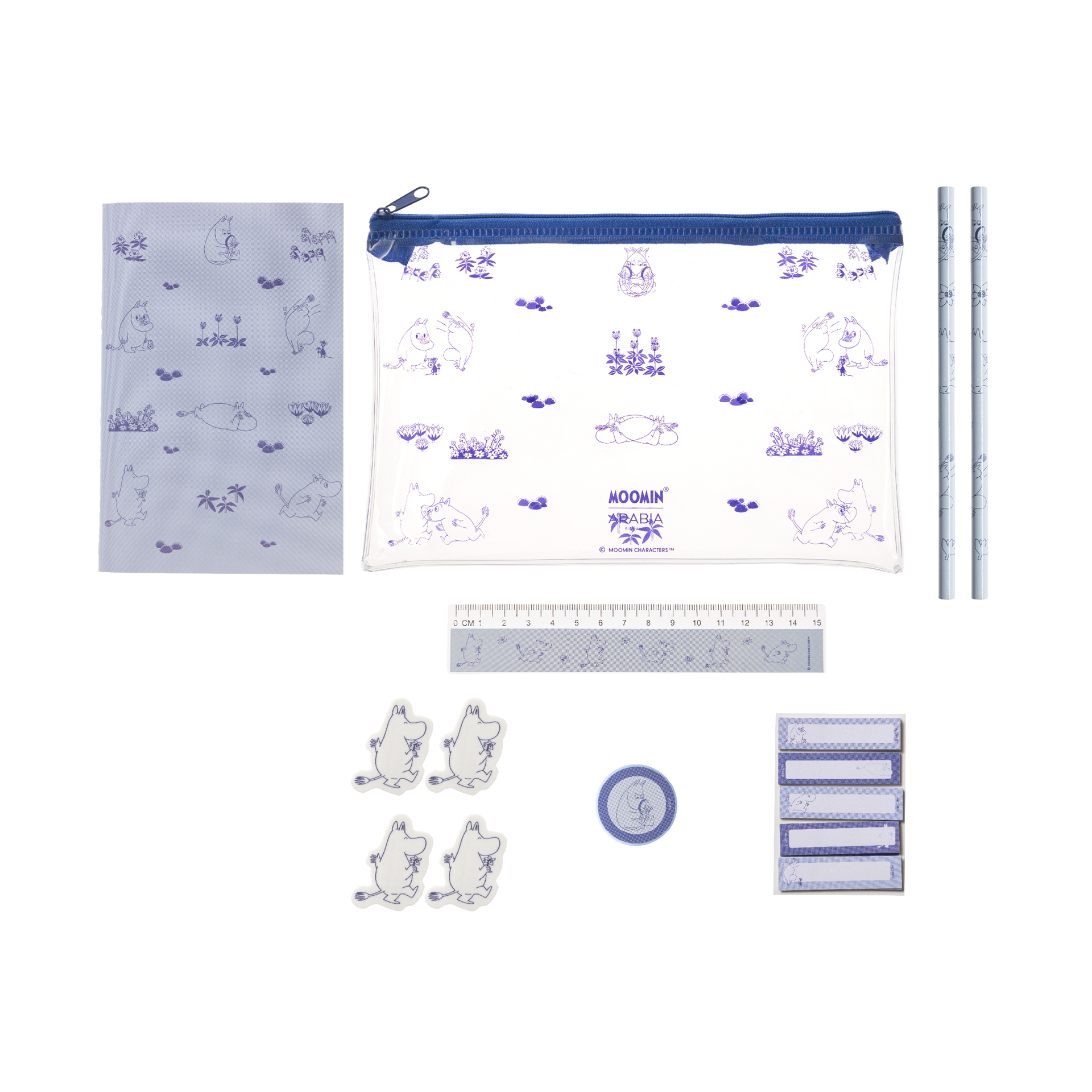 A stationery set featuring a white zipper pouch with blue Moomintroll illustrations, a matching notebook, two pencils, a ruler, four small frog-shaped clips, a circular sticker, and four label sheets, all arranged on a white background.