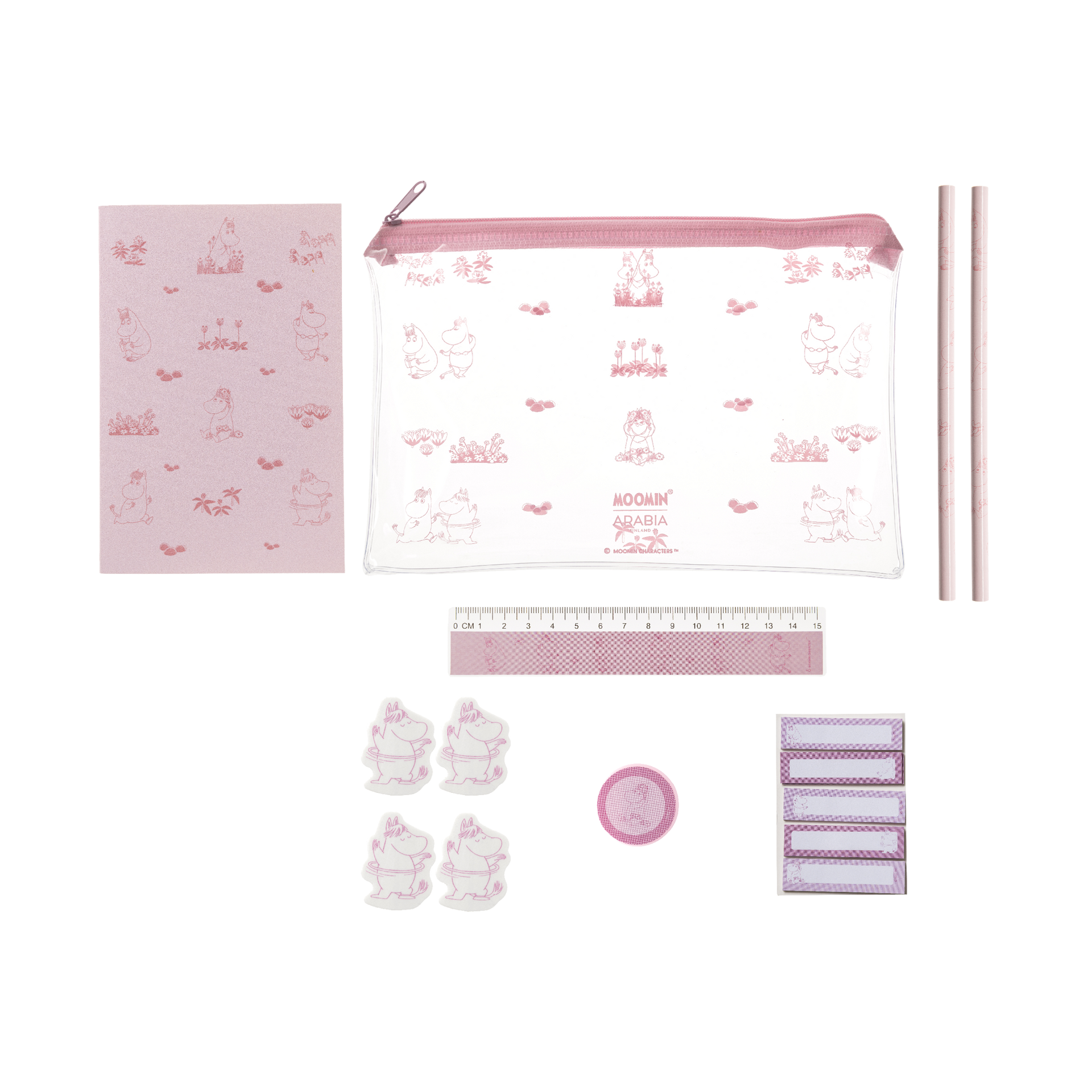 A pink and white stationery set featuring a clear zippered pencil pouch with pink Snorkmaiden illustrations, a pink patterned notebook, two pink pencils, a pink ruler, four small pink character stickers, a pink circular sticker, and three pink-and-white striped labels, all arranged on a white background.