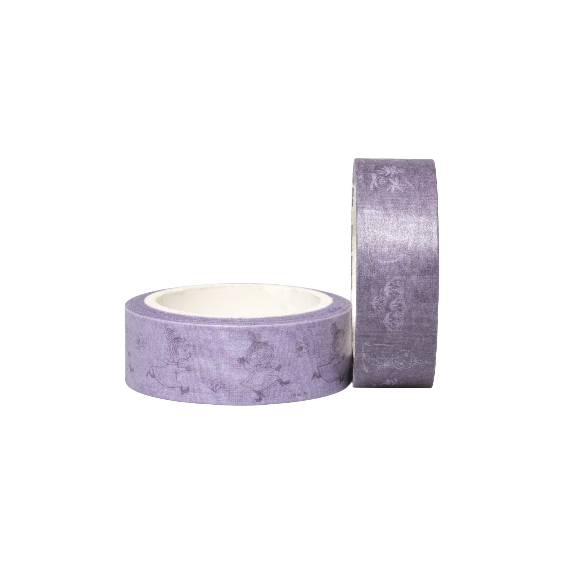 Two rolls of decorative washi tape in a dusty lavender purple color with a Little My pattern, shown on a plain white background.