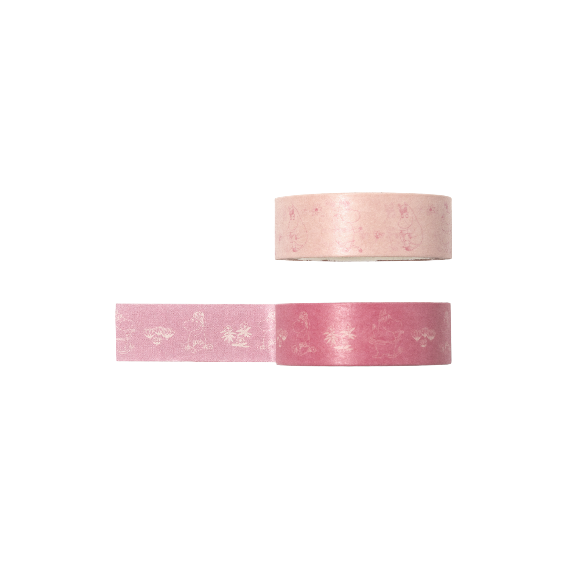 Mummi washiteip Snorkfrøken 2 stk - Two rolls of decorative washi tape on a plain white background. One roll is light pink with a subtle darker pink Snorkmaiden illustration, and the other is a darker pink with a lighter pink Snorkmaiden illustration.