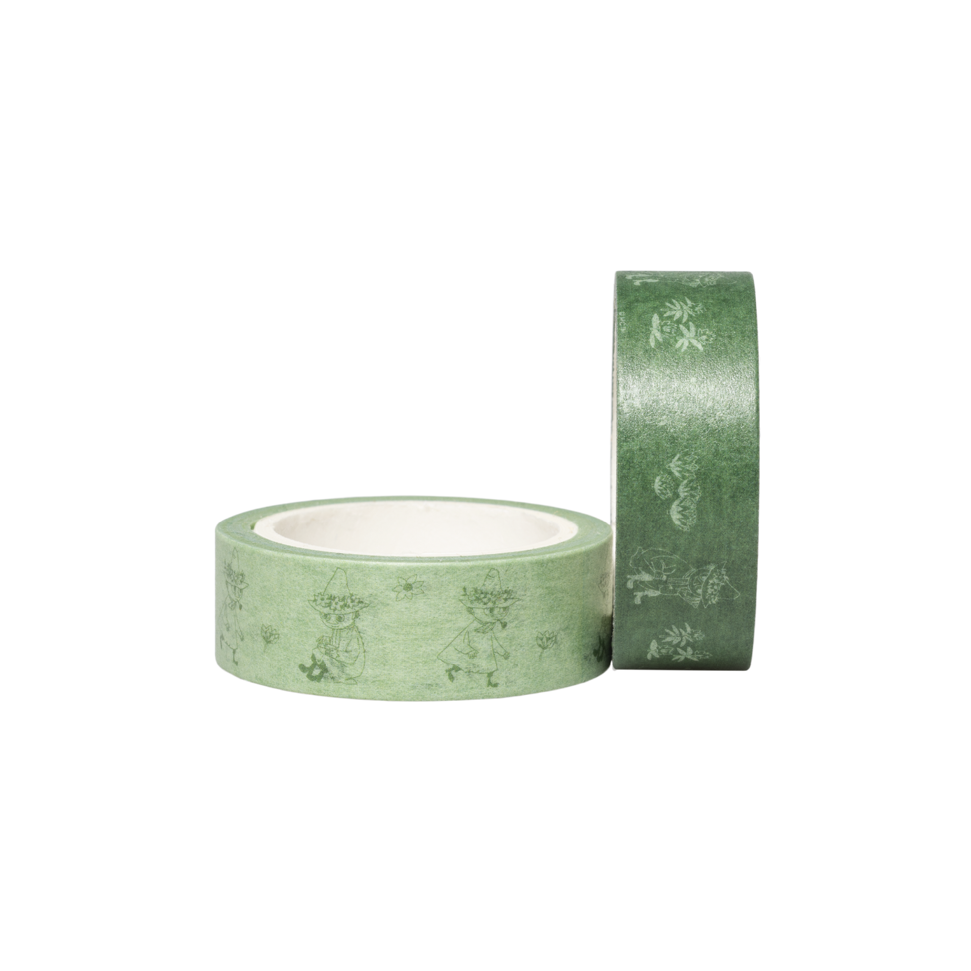 Two rolls of green washi tape with a subtle Snufkin illustration displayed on a clean white background.