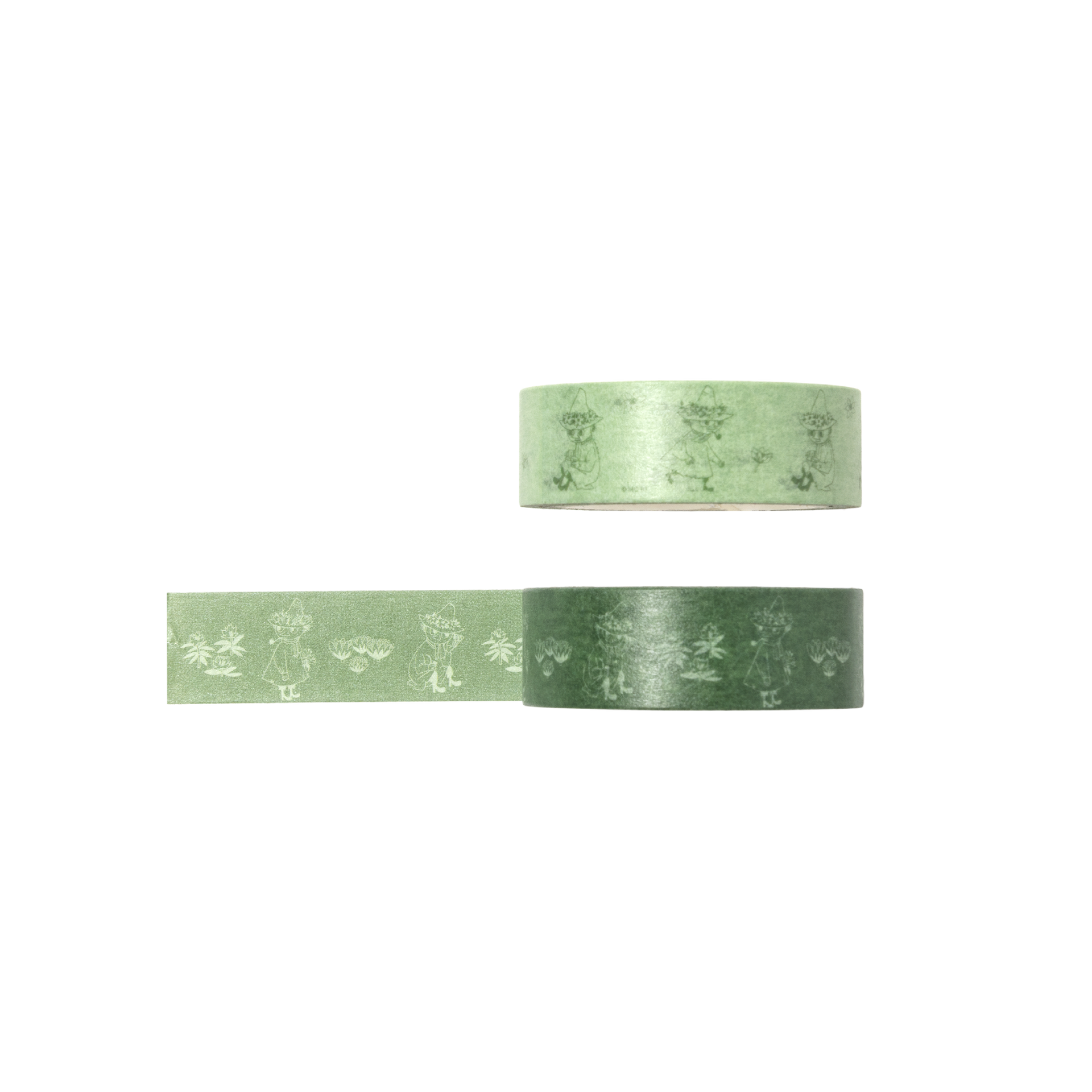 Mummi washiteip Snusmumrikken 2 stk - Two rolls of green washi tape with a subtle Snufkin illustration displayed on a clean white background.