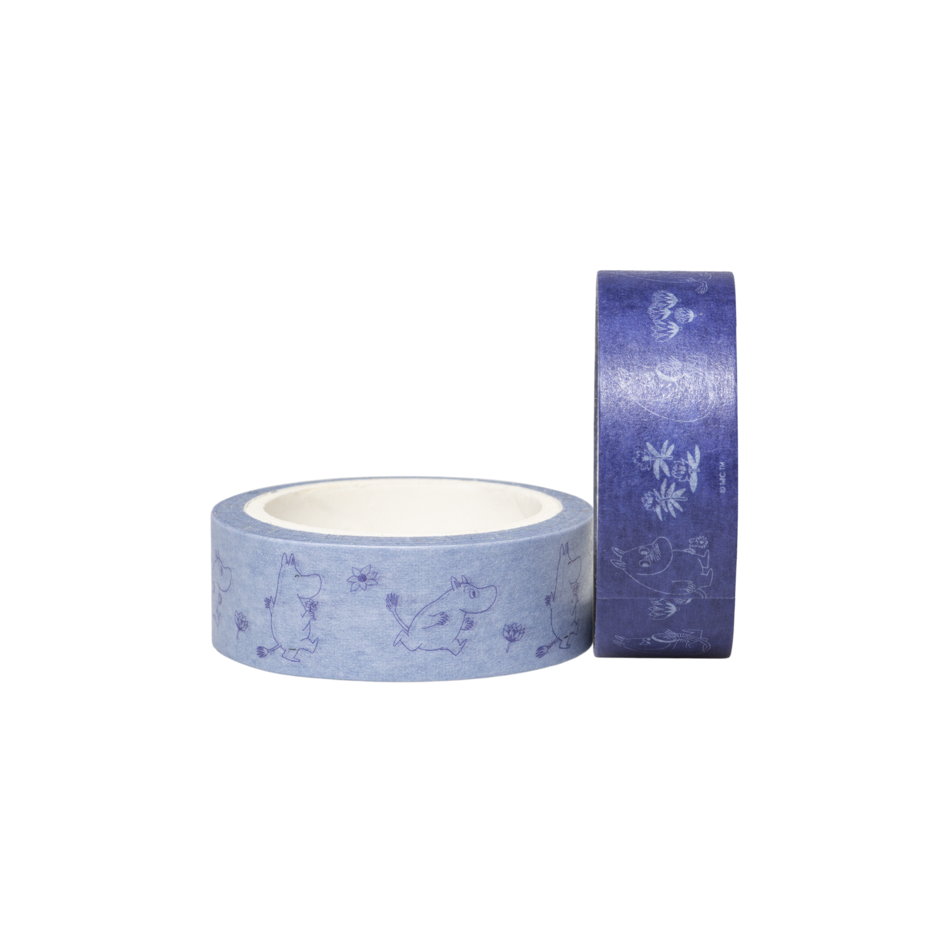 Two rolls of decorative washi tape on a plain white background. The roll in front is light blue with a darker blue Moomintroll illustration.