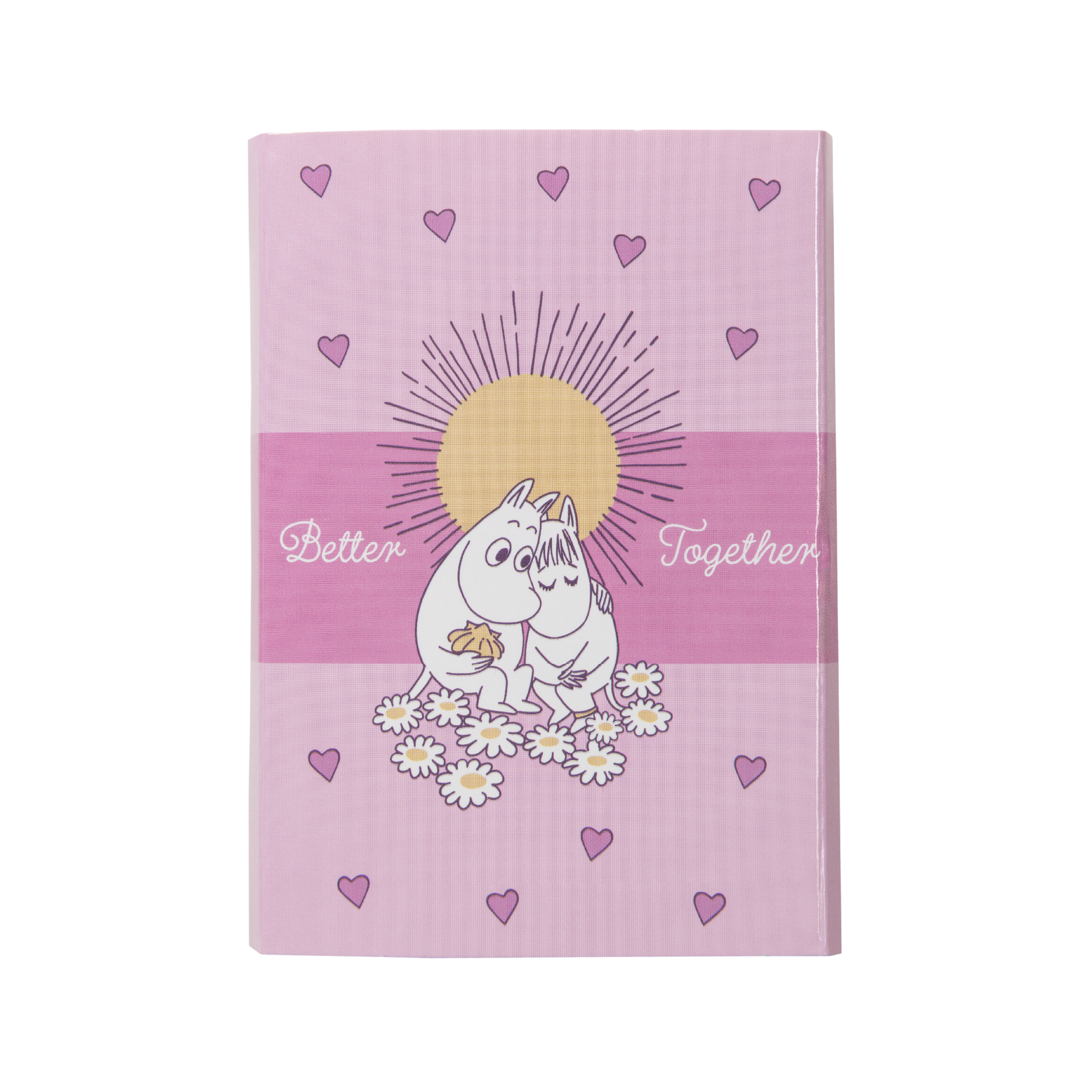 Pink sticky notes featuring an illustration of Moomintroll and Snorkmaiden hugging, surrounded by daisies and small hearts, with the words 'Better Together' across a pink band.