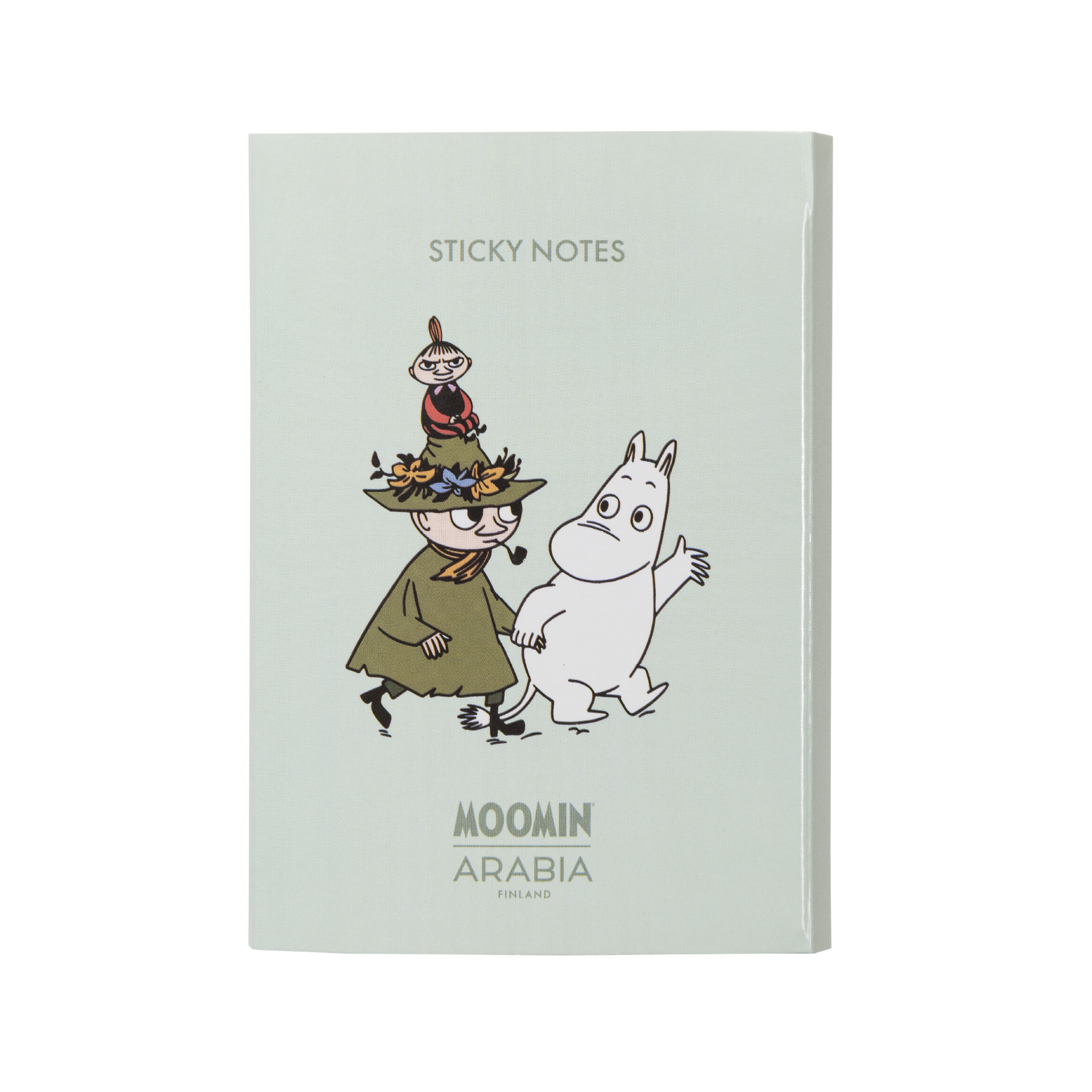 A mint green sticky notes pad featuring Moomintroll, Little My and Snufkin, with 'MOOMIN ARABIA' printed at the bottom.
