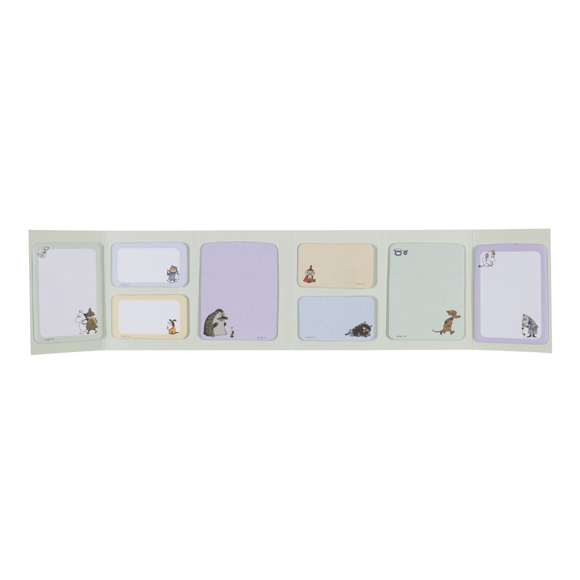 Mummi klistrelapper sett Karakter - A set of Moomin-themed sticky notes sheets in a row on a white background. The notepads feature various rectangular and square sticky notes in pastel colors with illustrations of different Moomin characters.
