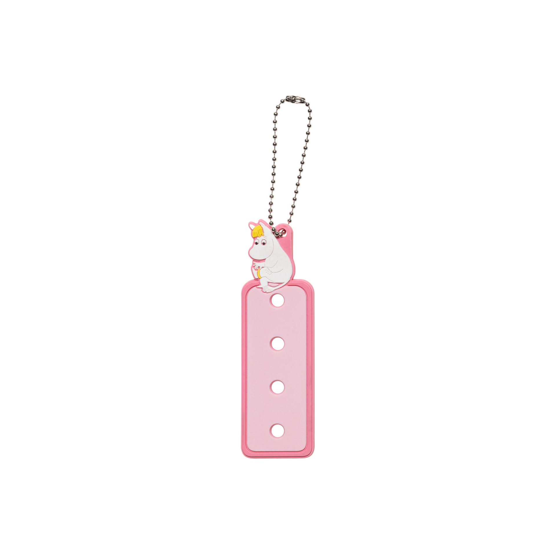 A pink rectangular keychain with three holes for charms, attached to a silver ball chain. Snorkmaiden peeks out from the top.