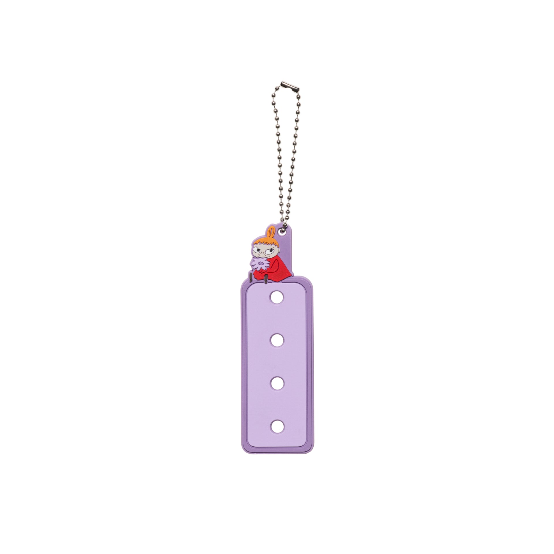 A lavender rectangular keychain with three holes for charms, attached to a silver ball chain. Little My is on the top edge.