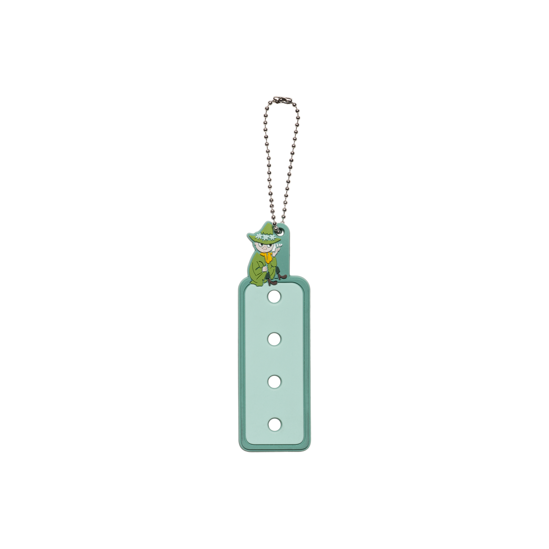A mint green rectangular keychain with three holes for charms and a silver ball chain, featuring Snufkin at the top, shown on a plain white background.
