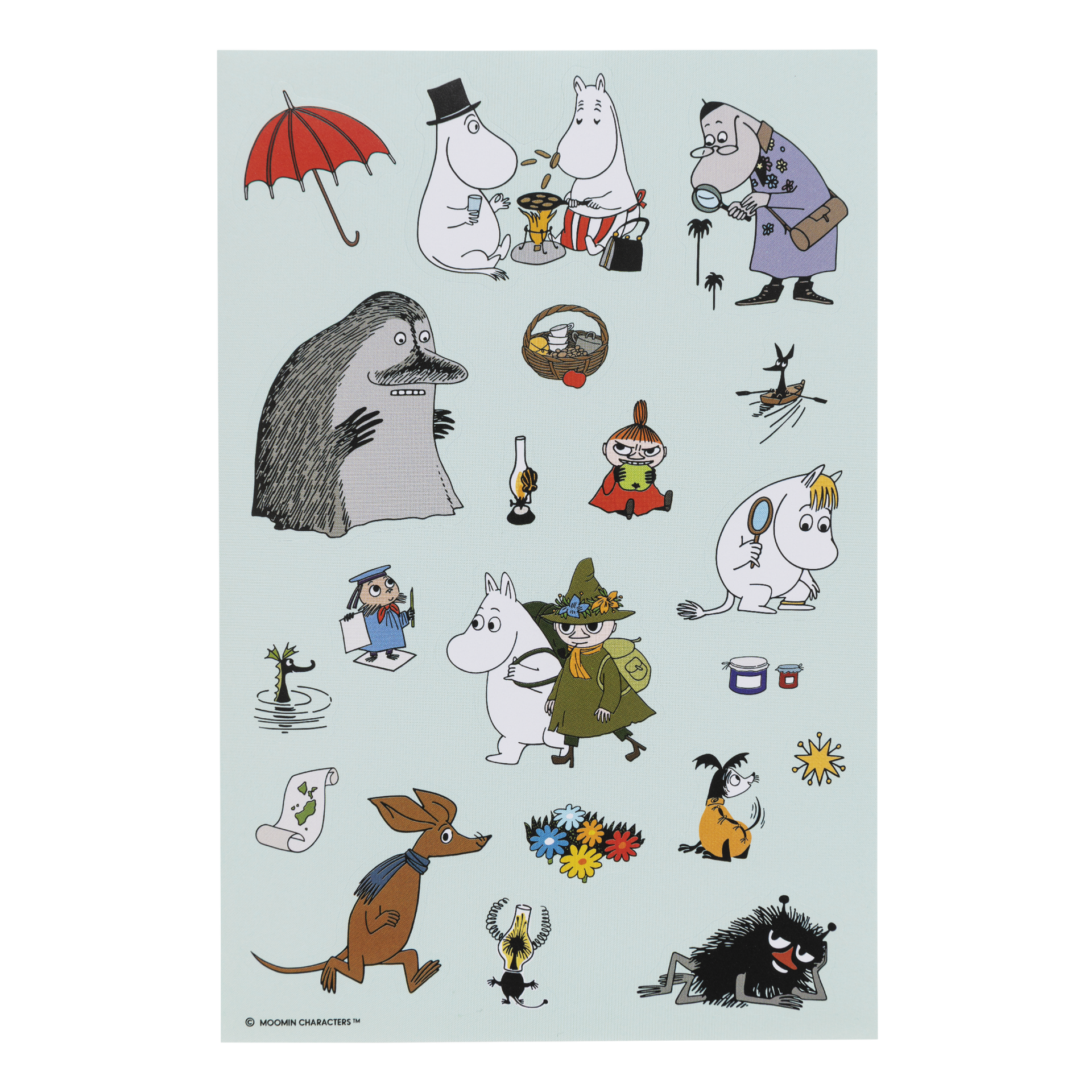 A sheet of Moomin character stickers on a pale blue background. 