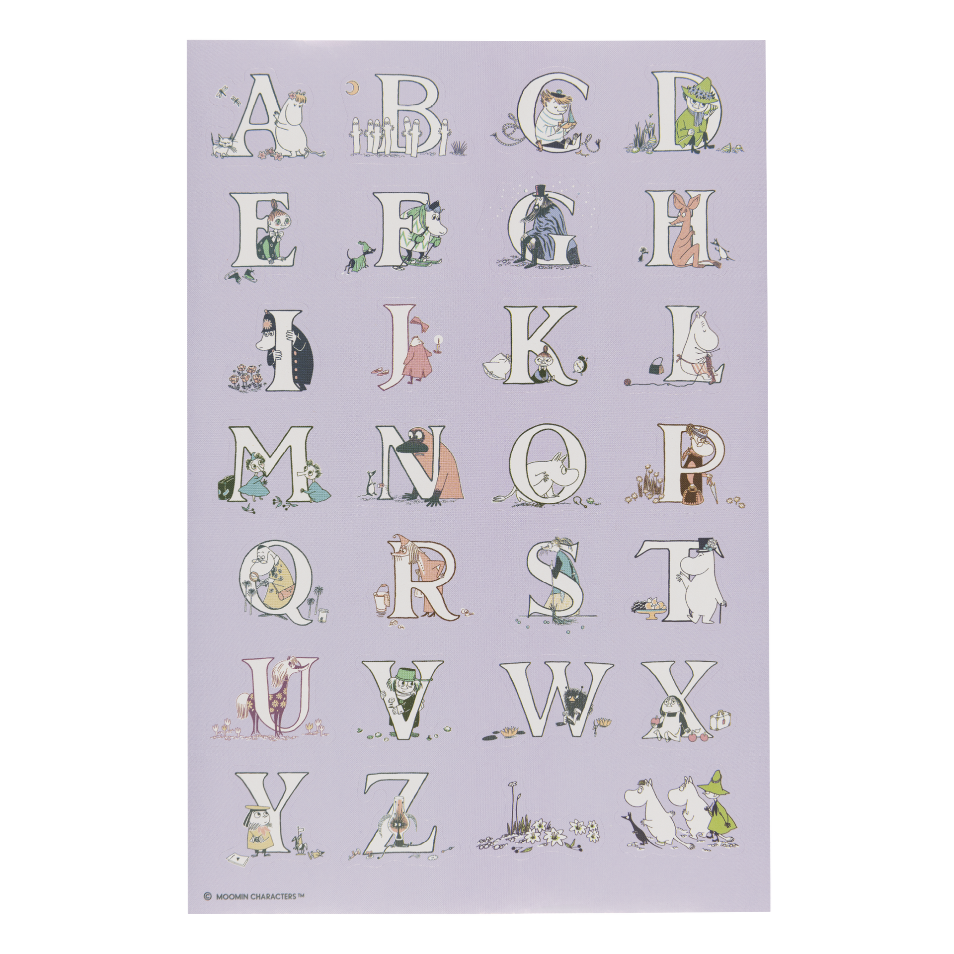 A Moomin-themed alphabet stickers with the alphabet from A to Z, where each letter is illustrated with a Moomin character in a soft pastel color palette on a light lavender background.