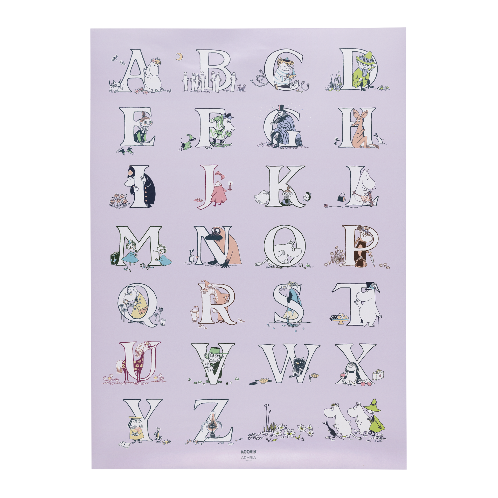 A Moomin-themed alphabet poster featuring illustrated letters from A to Z, each designed as a character scene from The Wonderful World of Moomin. The poster is centered on a light lavender background with a white border around the edges.
