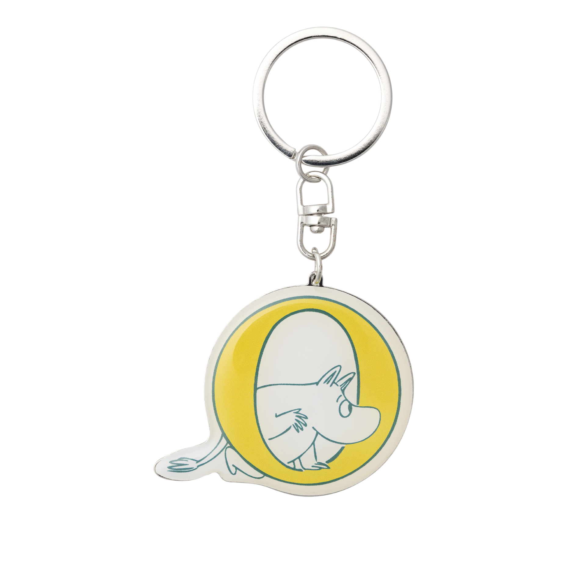 A metal keychain with a circular charm featuring Moomintroll inside a yellow circle, shown on a plain white background.
