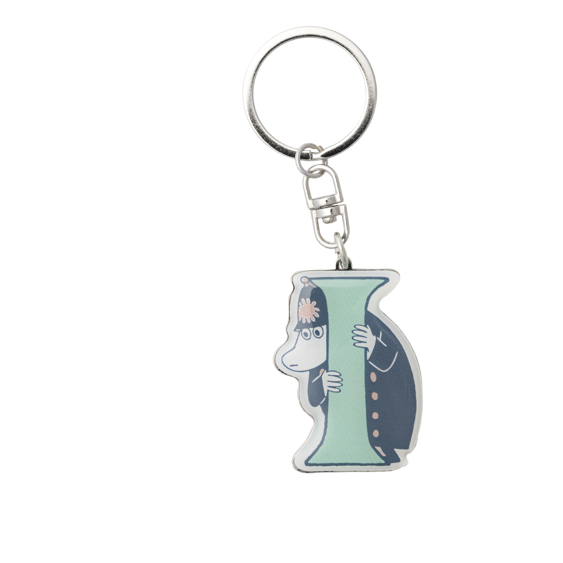A metal keychain featuring a stylized letter 'I' charm with The Police Inspector peeking out from behind it, shown on a plain white background.