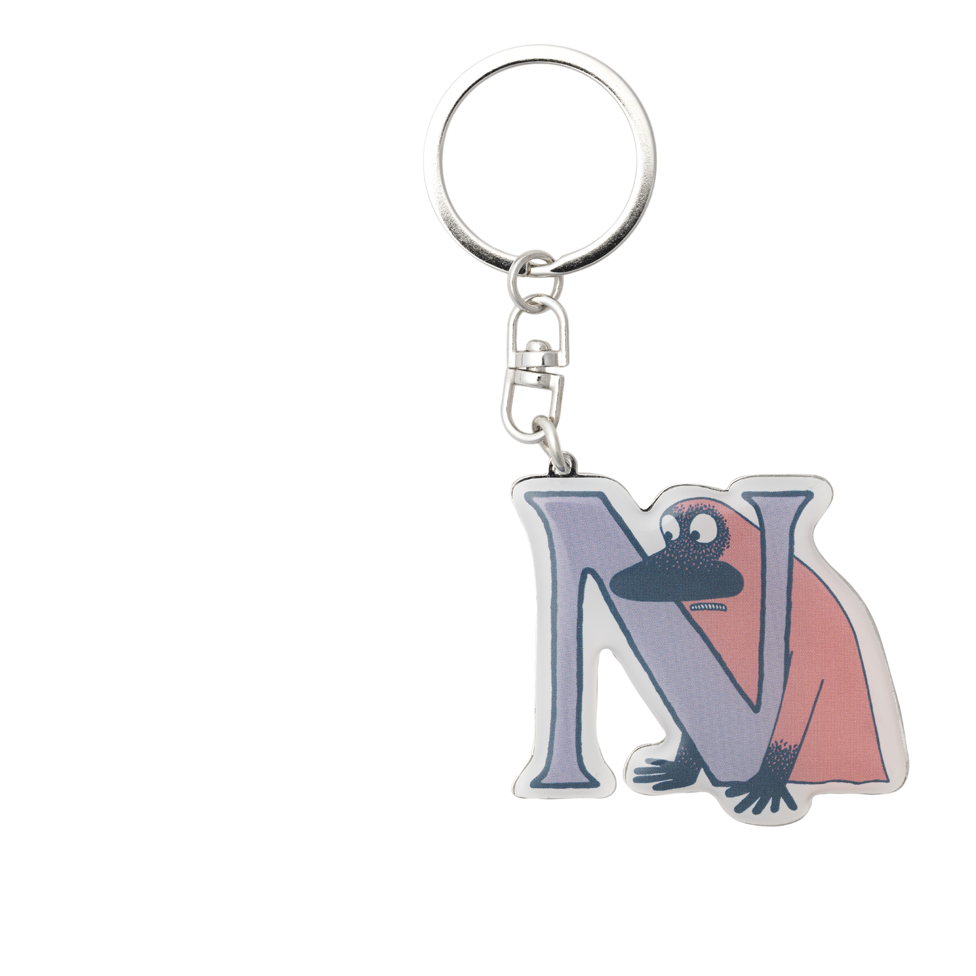 A keychain featuring a silver metal split ring and clasp, attached to a die-cut acrylic letter 'N' charm with The Groke peeking out from behind it.