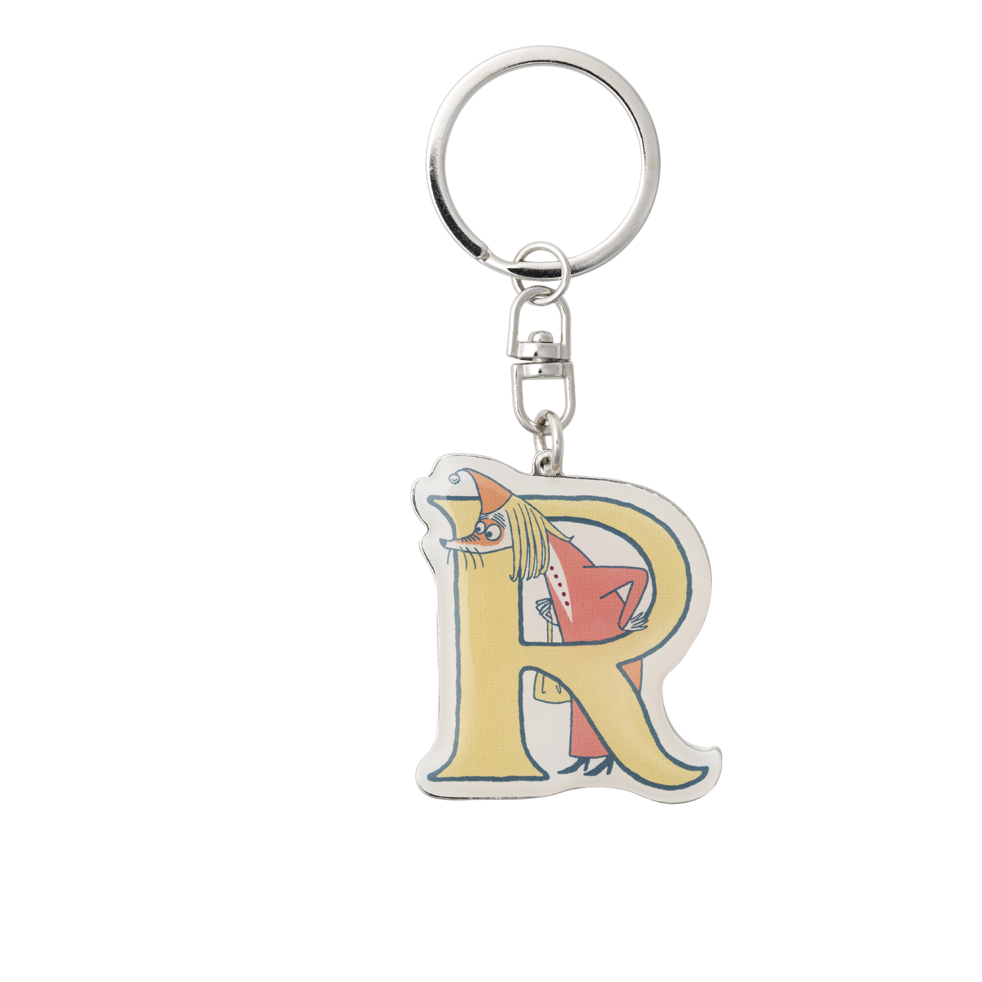 A silver metal keychain featuring a stylized letter 'R' charm with Fillyjonk inside, shown on a plain white background.