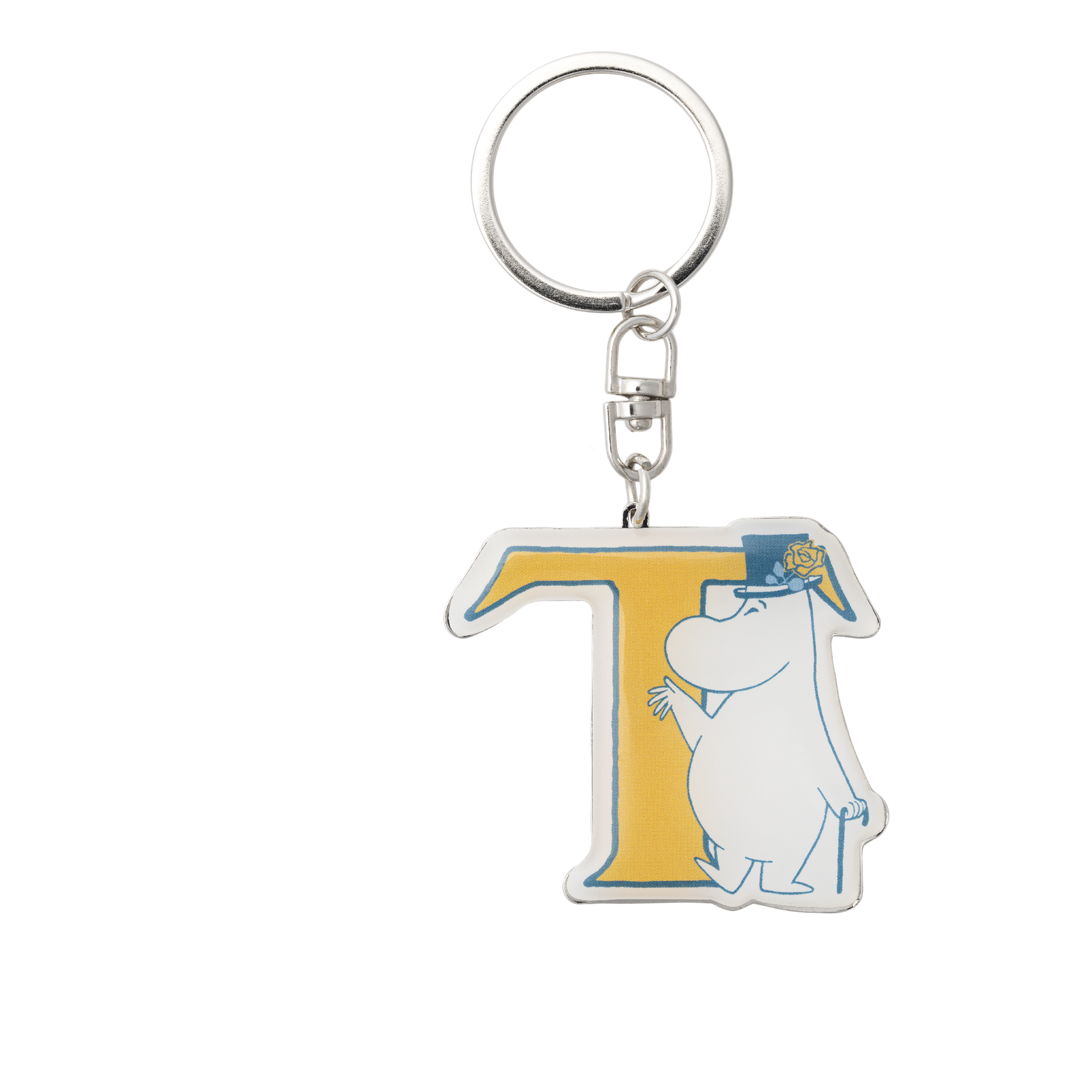 A silver metal keychain featuring Moominpappa on a yellow letter T charm, shown against a plain white background.