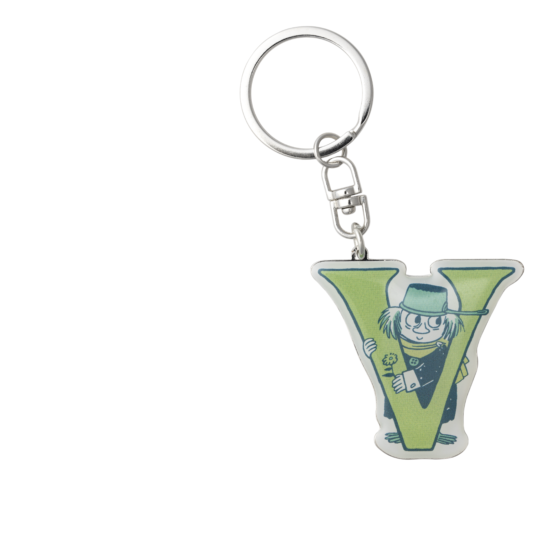A silver metal keychain featuring a green letter 'V' charm with The Fuddler peeking out from behind it, shown on a plain white background.