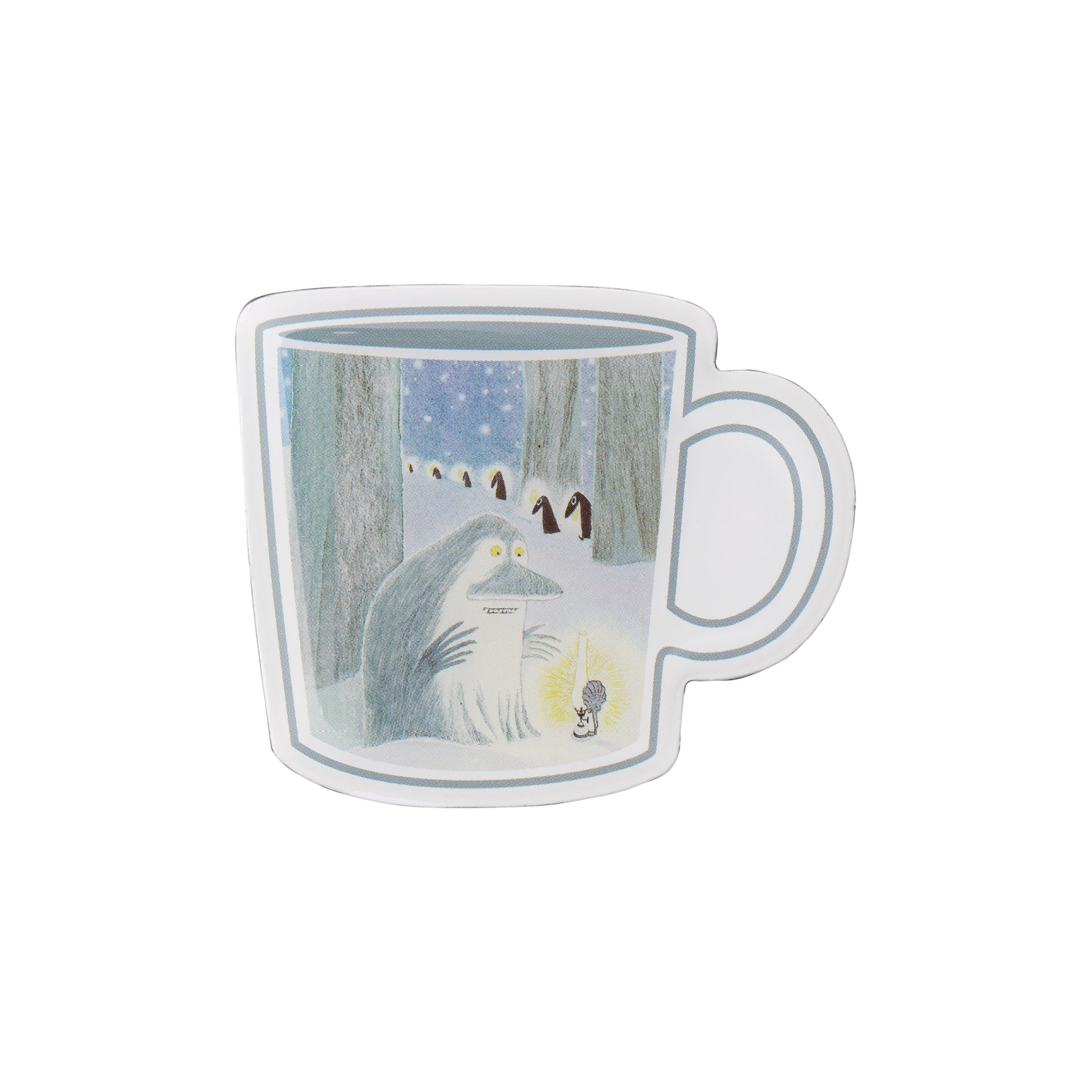 A magnet in the shape of a mug featuring an illustration of a snowy winter forest scene with the Groke under a starry sky.