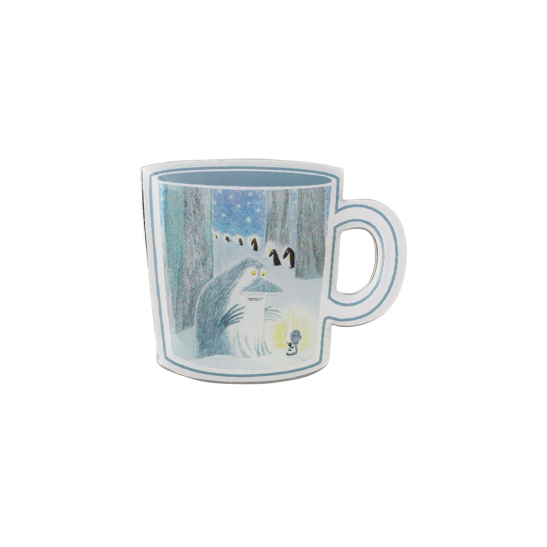 A pin in the shape of a mug featuring an illustration of the Groke in a snowy forest at night under a starry blue sky, with a small yellow light source in the foreground.