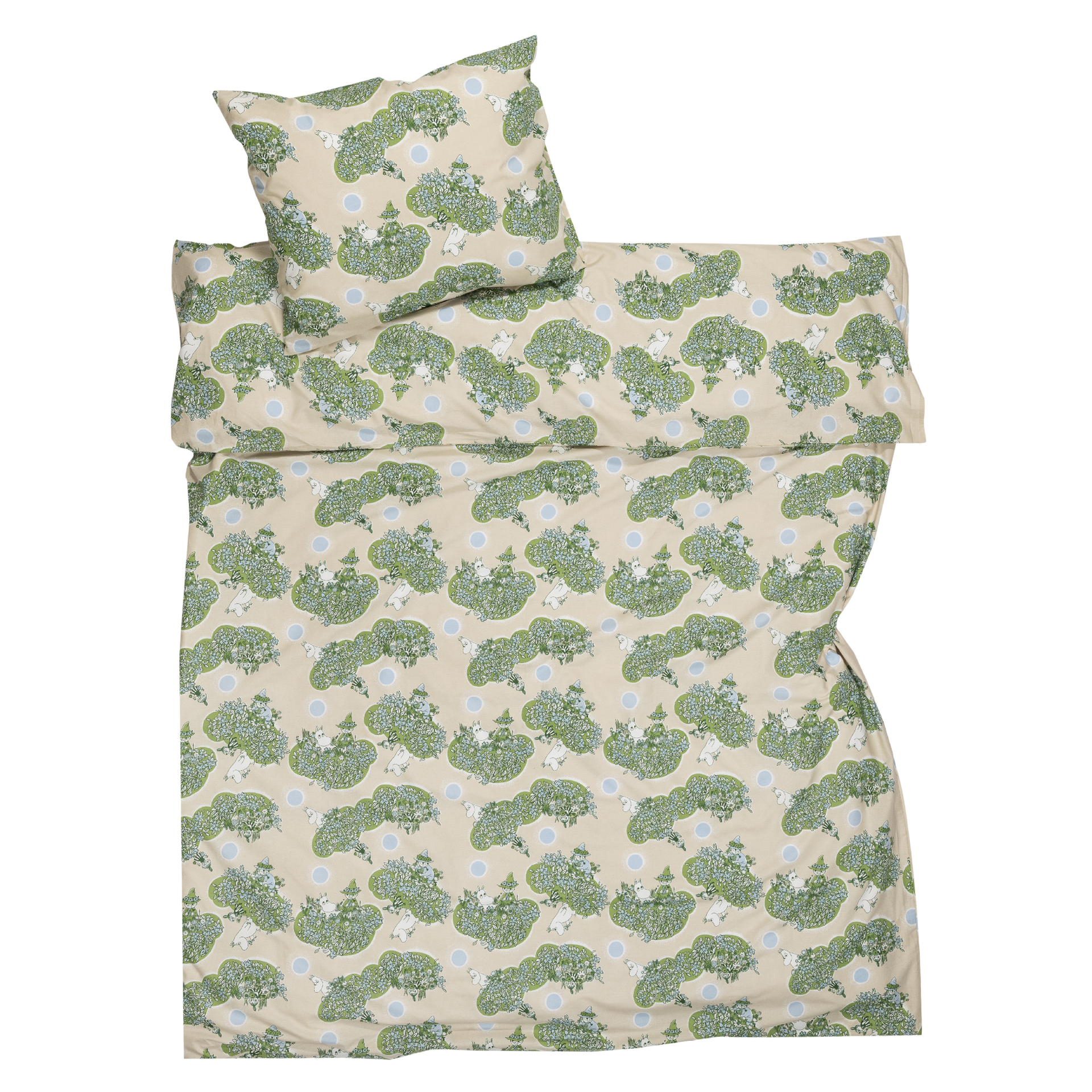 A bedding set including a duvet cover and a pillowcase, featuring a repeating illustration of Moomintroll, Little My and Snufkin having climbed on a green tree.