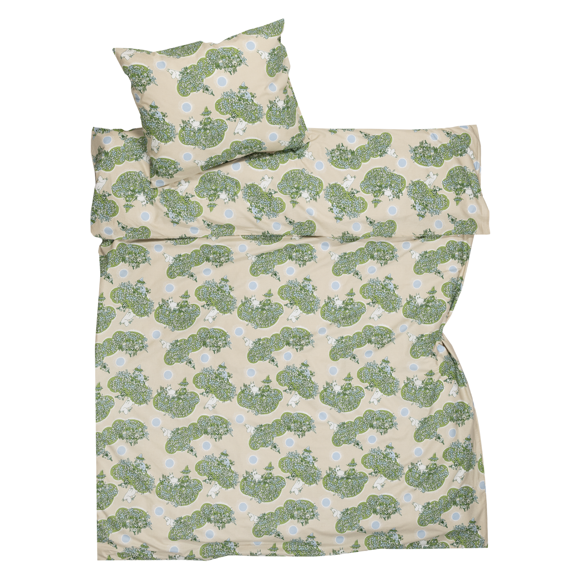 A bedding set including a duvet cover and a pillowcase, featuring a repeating illustration of Moomintroll, Little My and Snufkin having climbed on a green tree.