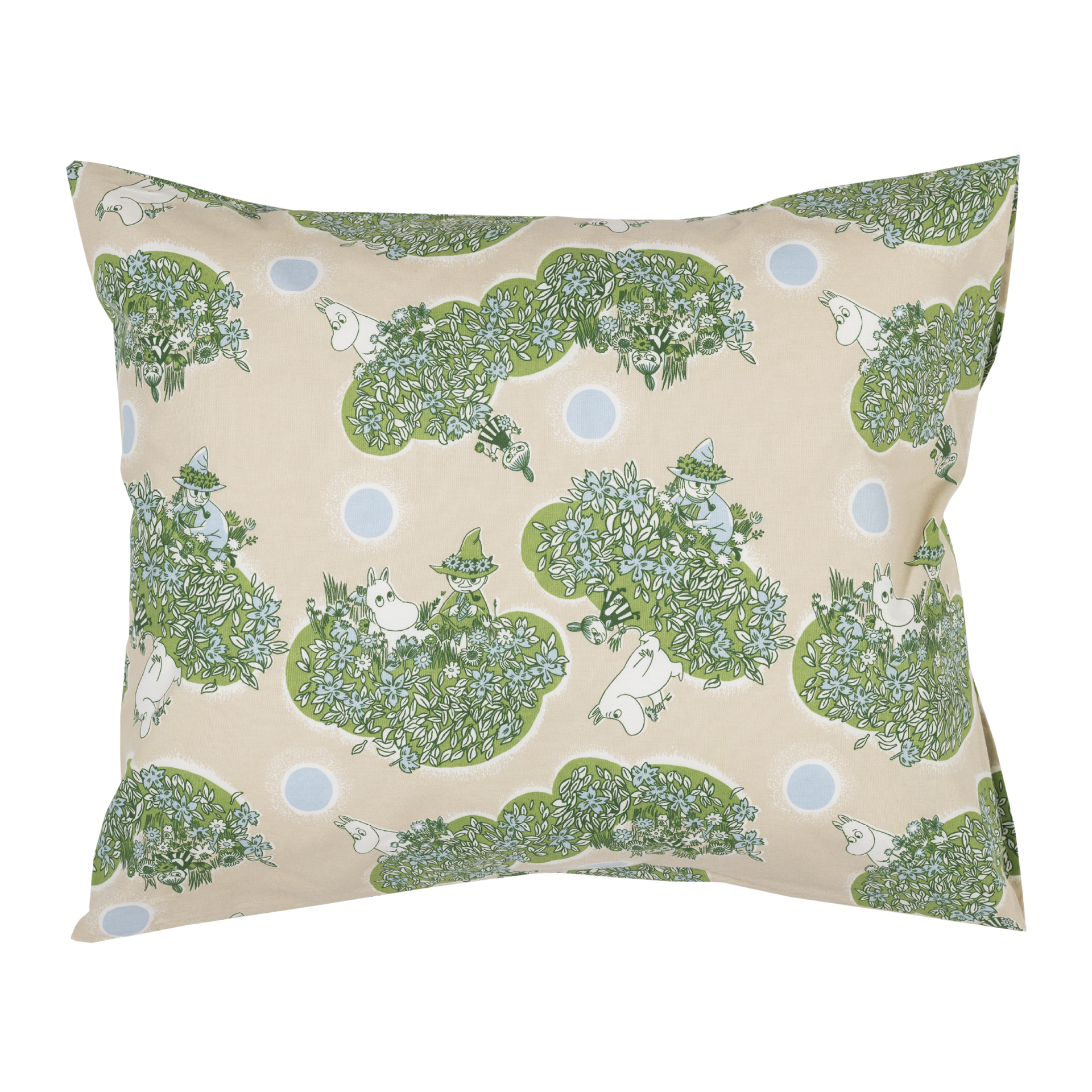 Moomin bedset 140x200cm Always together - A pillowcase, featuring a repeating illustration of Moomintroll, Little My and Snufkin having climbed on a green tree.