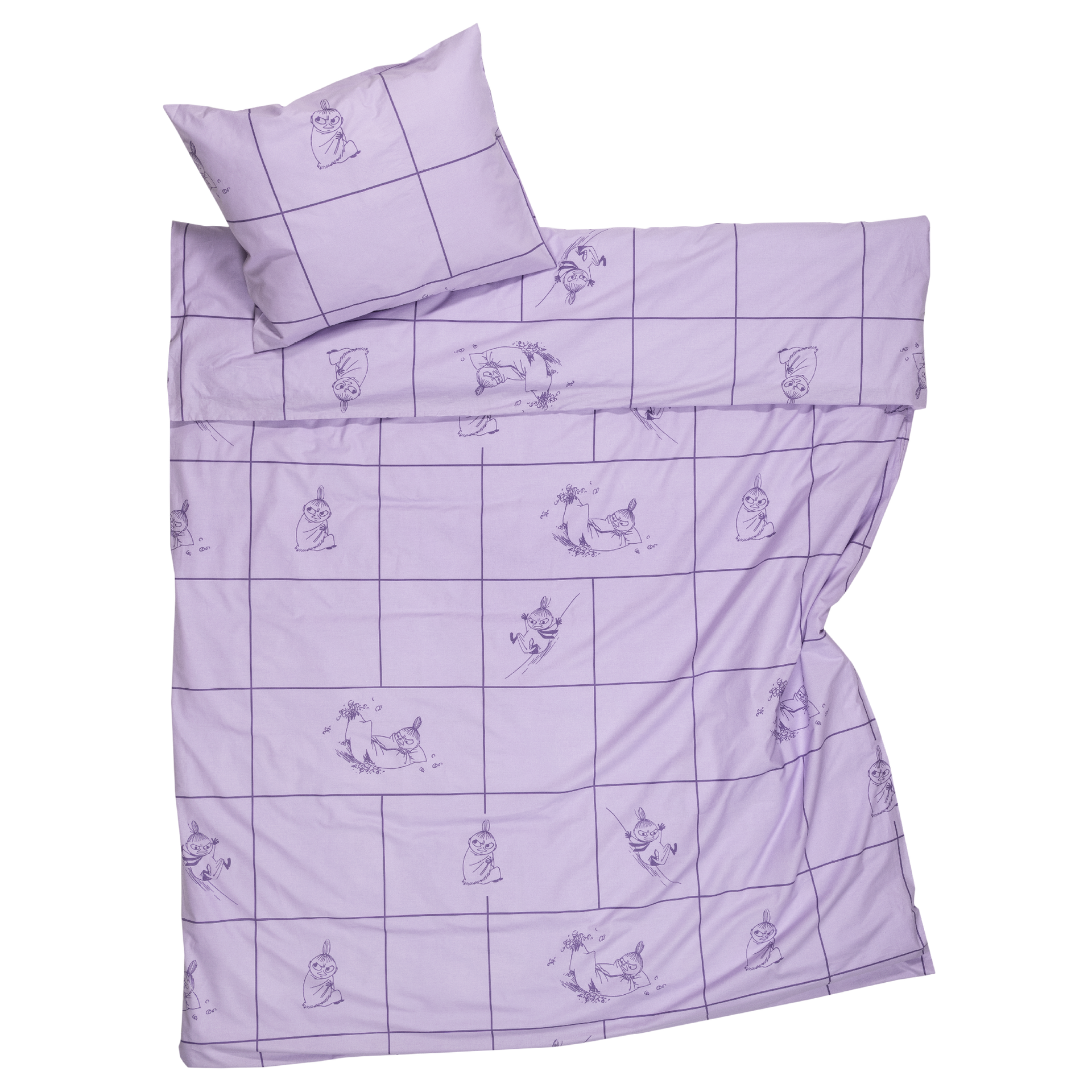 A light purple bedding set including a duvet cover and a pillowcase, featuring a dark purple grid pattern and small Little My illustrations, displayed on a solid white background.